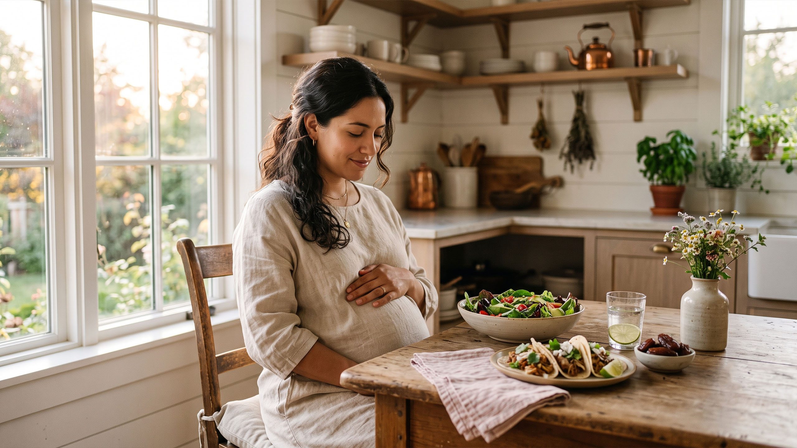 Mujer embarazada en una cocina iluminada por el sol junto a una ensalada, tacos y dátiles que representan los mitos para inducir el parto