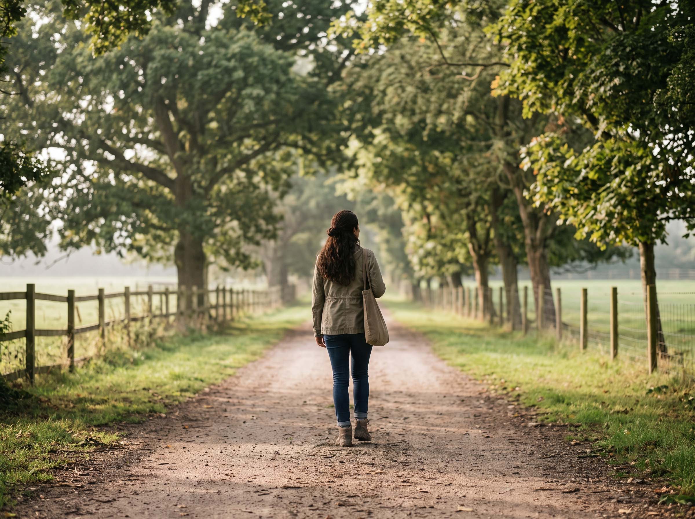 Una mujer caminando sola por un tranquilo sendero rural bordeado de árboles bajo una suave luz matutina