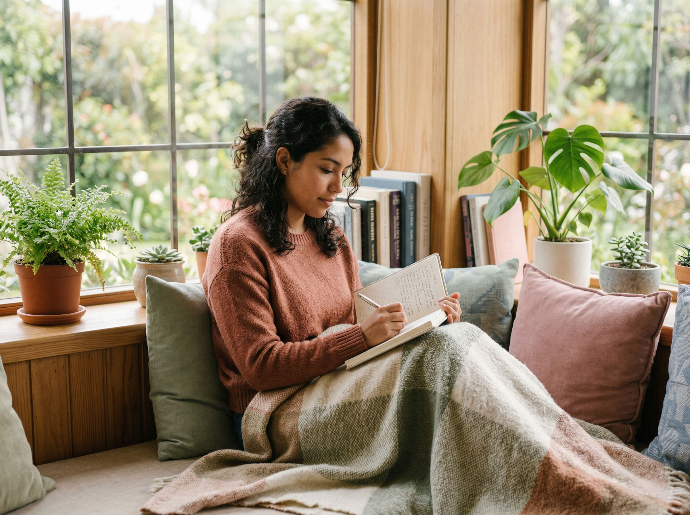 Una mujer sentada junto a una ventana con un diario, reflexionando pensativamente sobre sus emociones y la comunicación en su relación