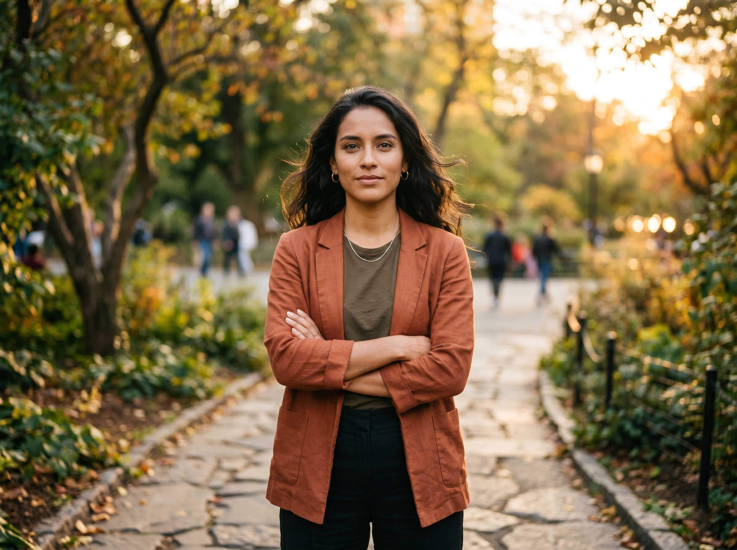 Mujer de pie con confianza bajo luz natural, mirando hacia adelante con claridad y calma