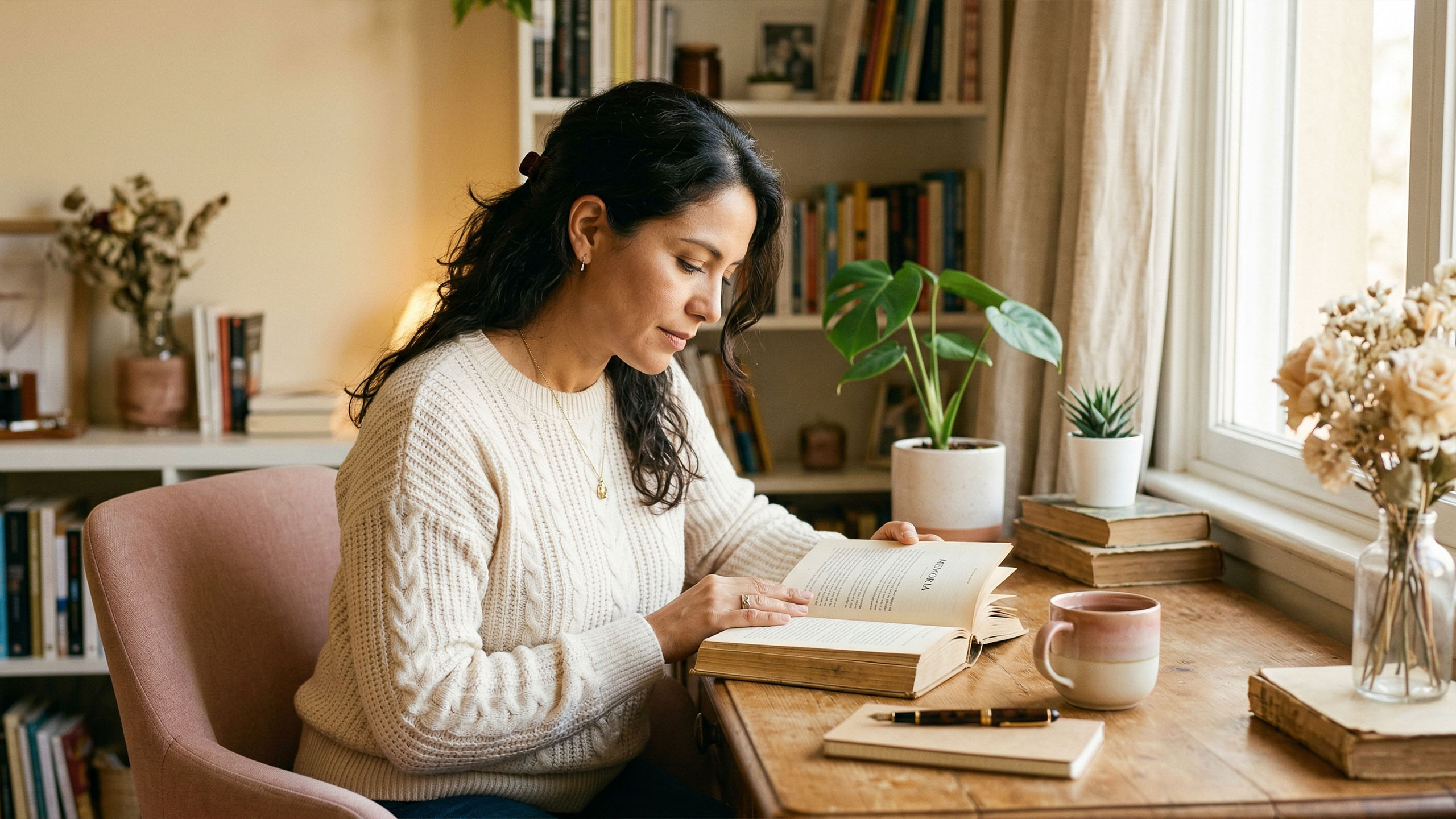 Una mujer sentada en un escritorio iluminado leyendo y reflexionando con luz cálida y suave