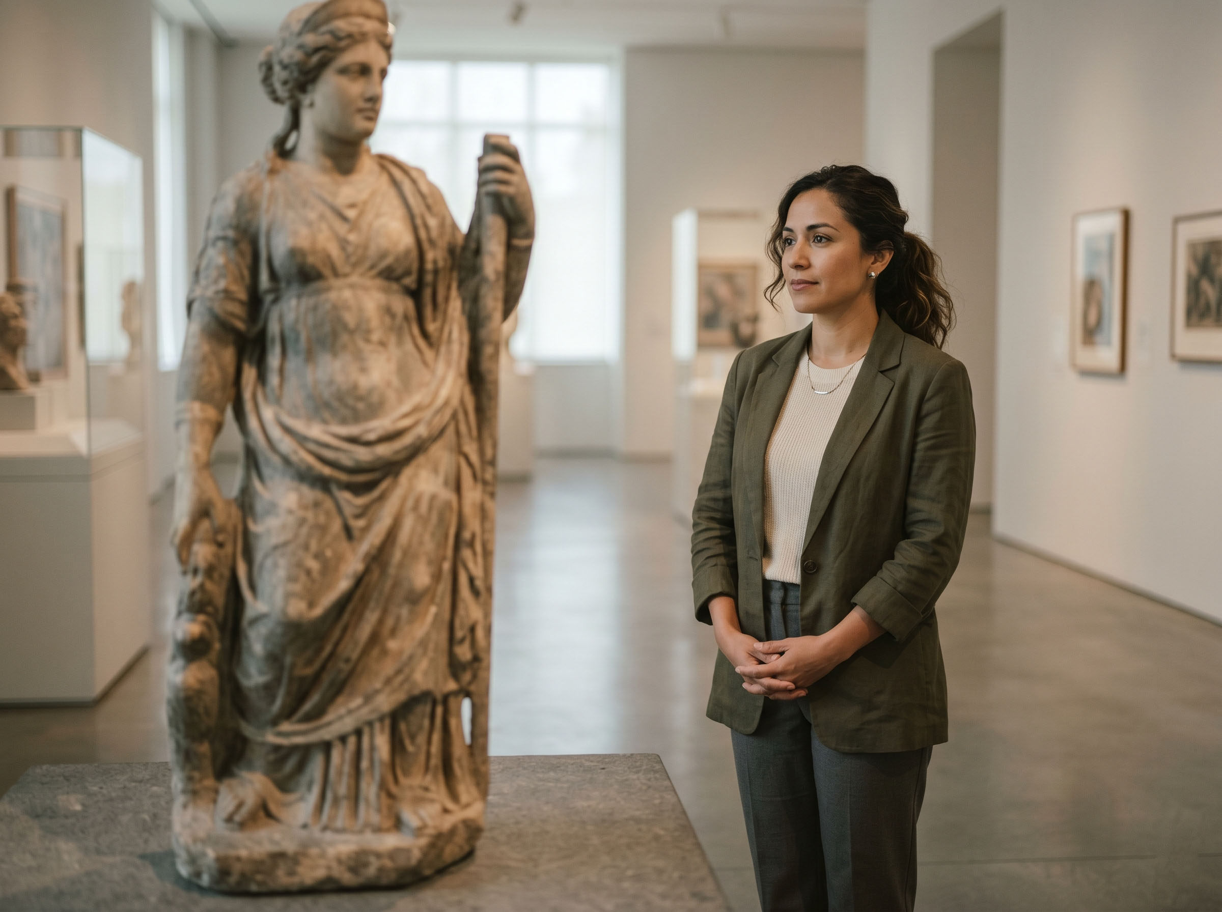 Mujer moderna reflexionando cerca de una escultura de piedra de una diosa antigua en un museo