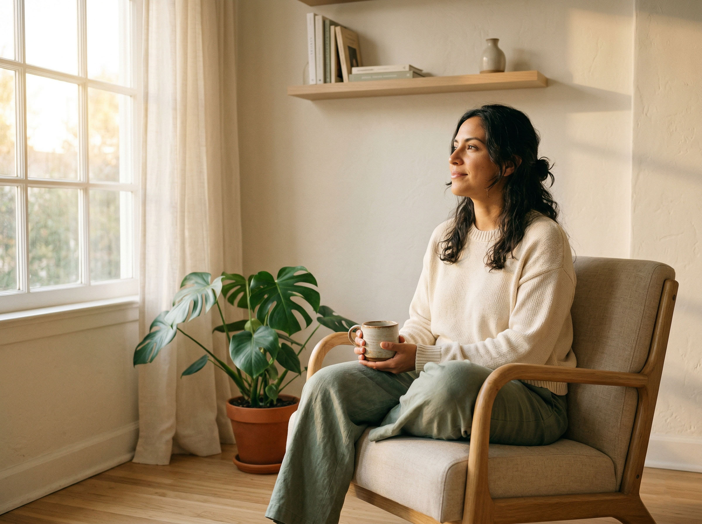 Una mujer sentada tranquilamente en un espacio soleado, con un aspecto tranquilo y confiado, que representa la autoconciencia y el conocimiento del cuerpo
