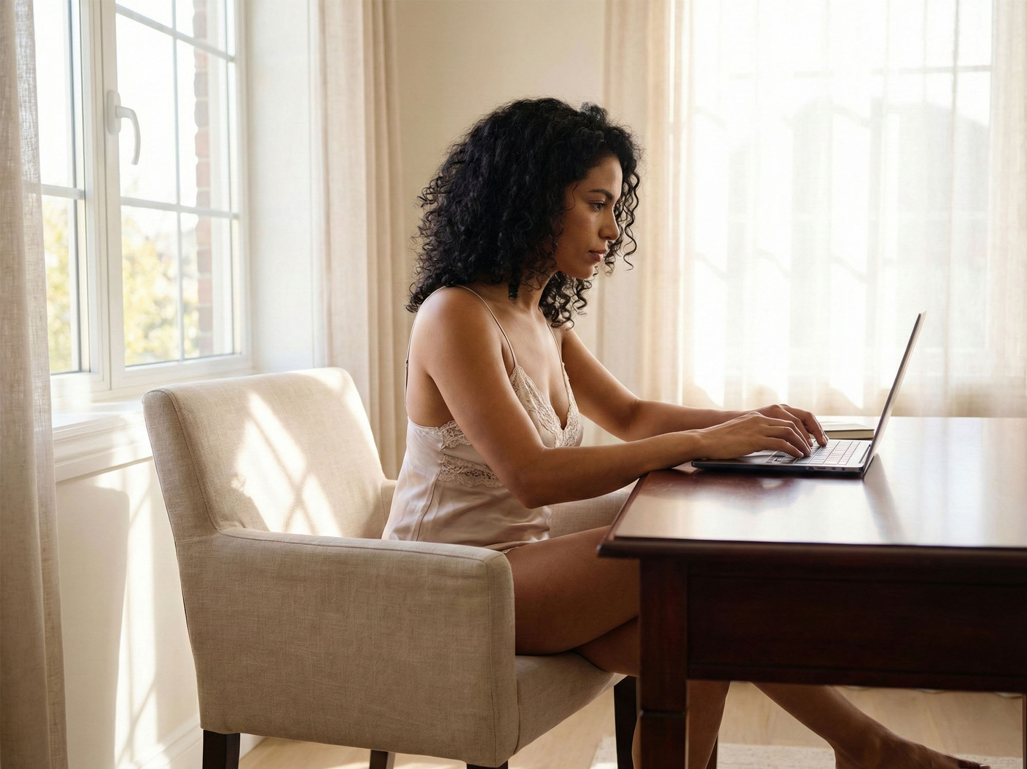 Mujer trabajando en su oficina en casa en ropa interior.
