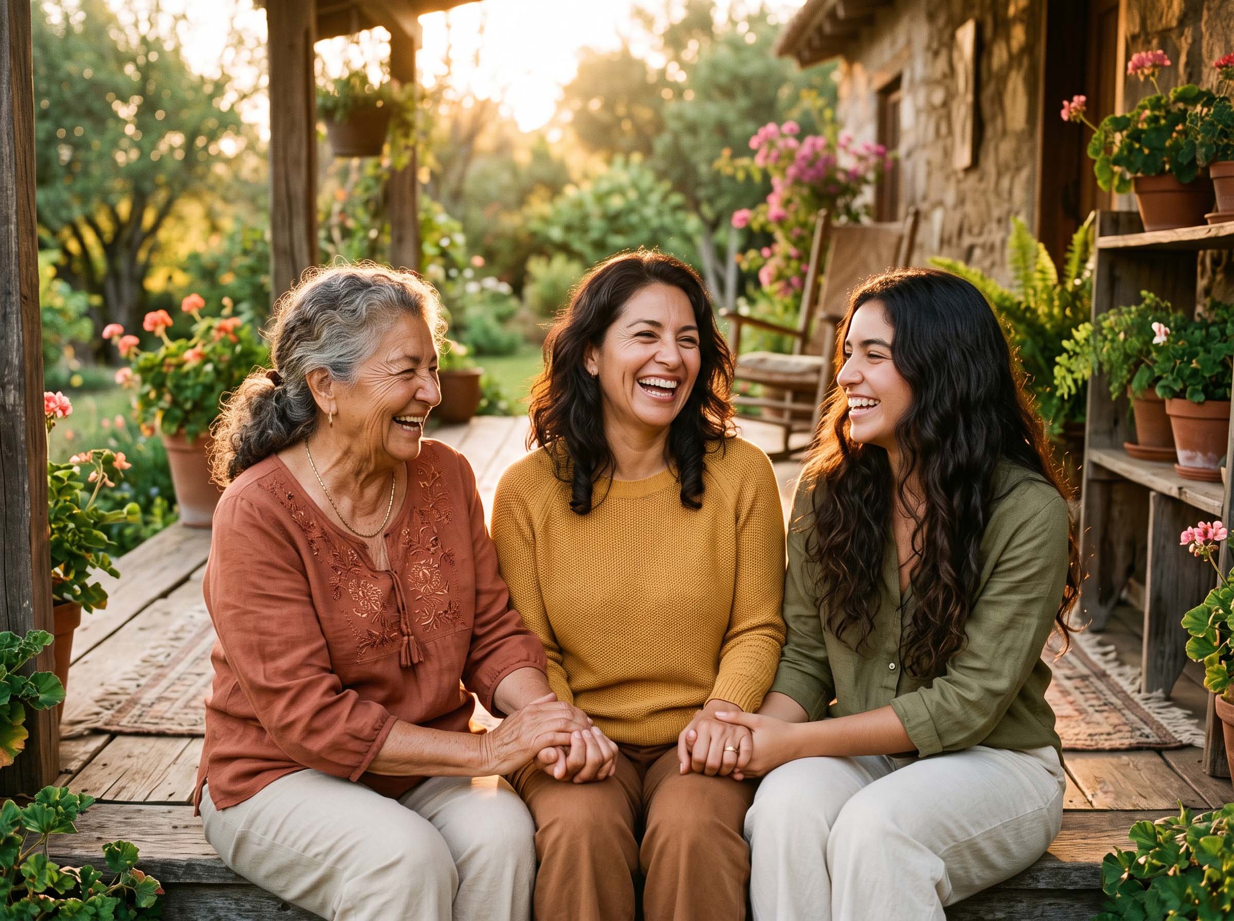 Tres generaciones of mujeres sentadas juntas en un apoyo y conexión silenciosos