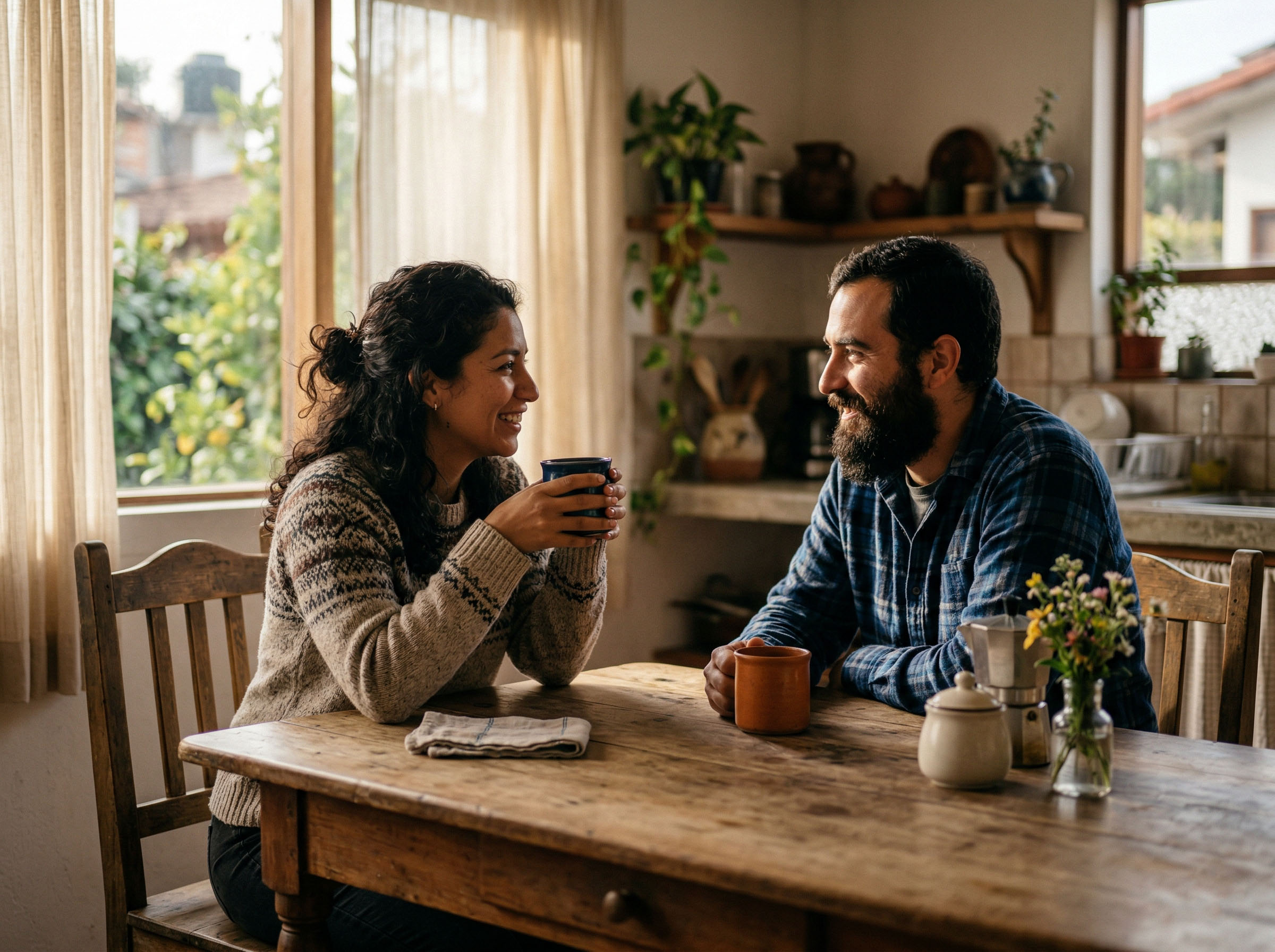 Una mujer y un hombre sentados uno frente al otro en la mesa de la cocina, teniendo una conversación tranquila y abierta frente a un café