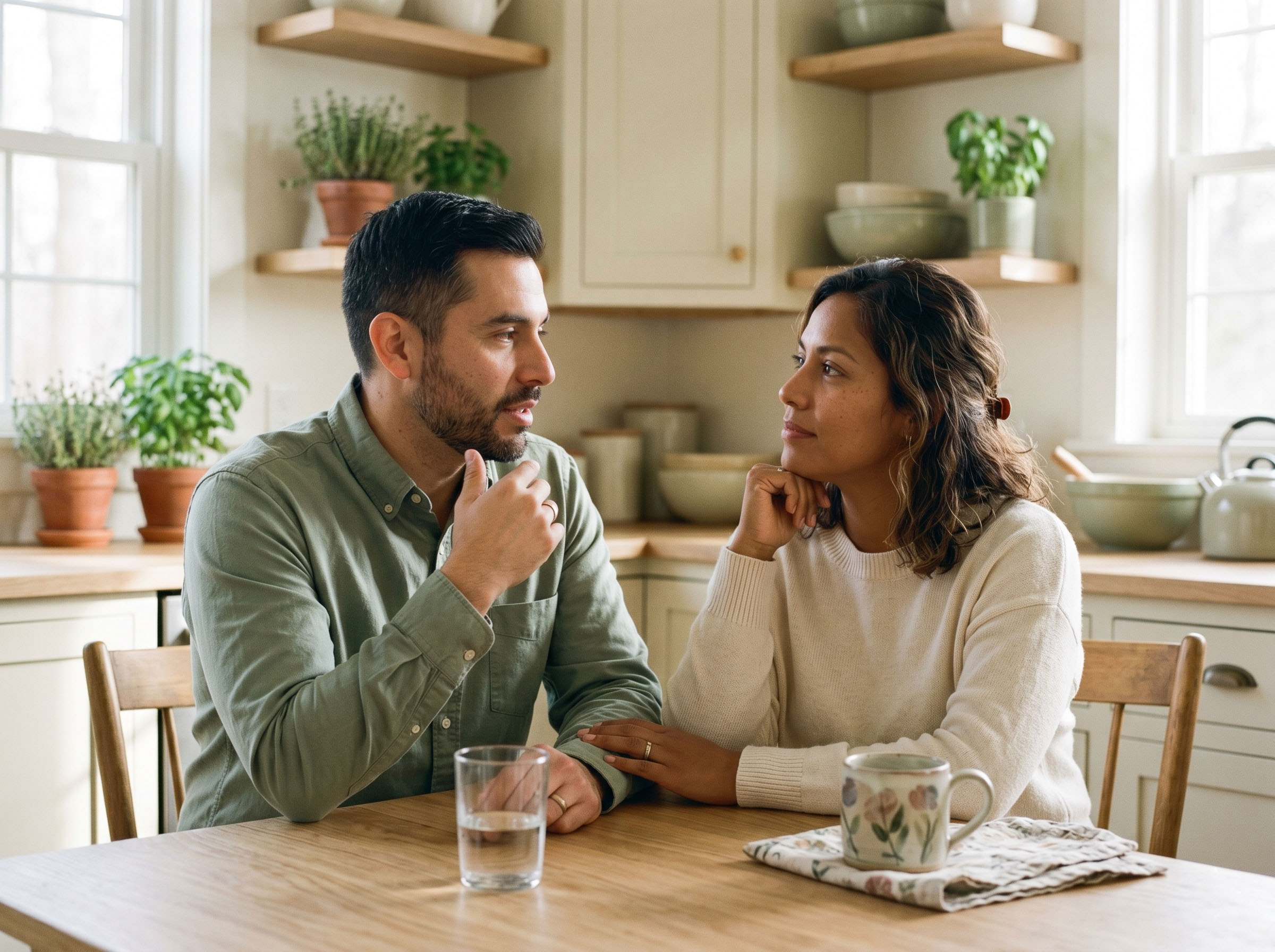 Una pareja sentada junta en la mesa de la cocina manteniendo una conversación tranquila y sincera sobre su relación