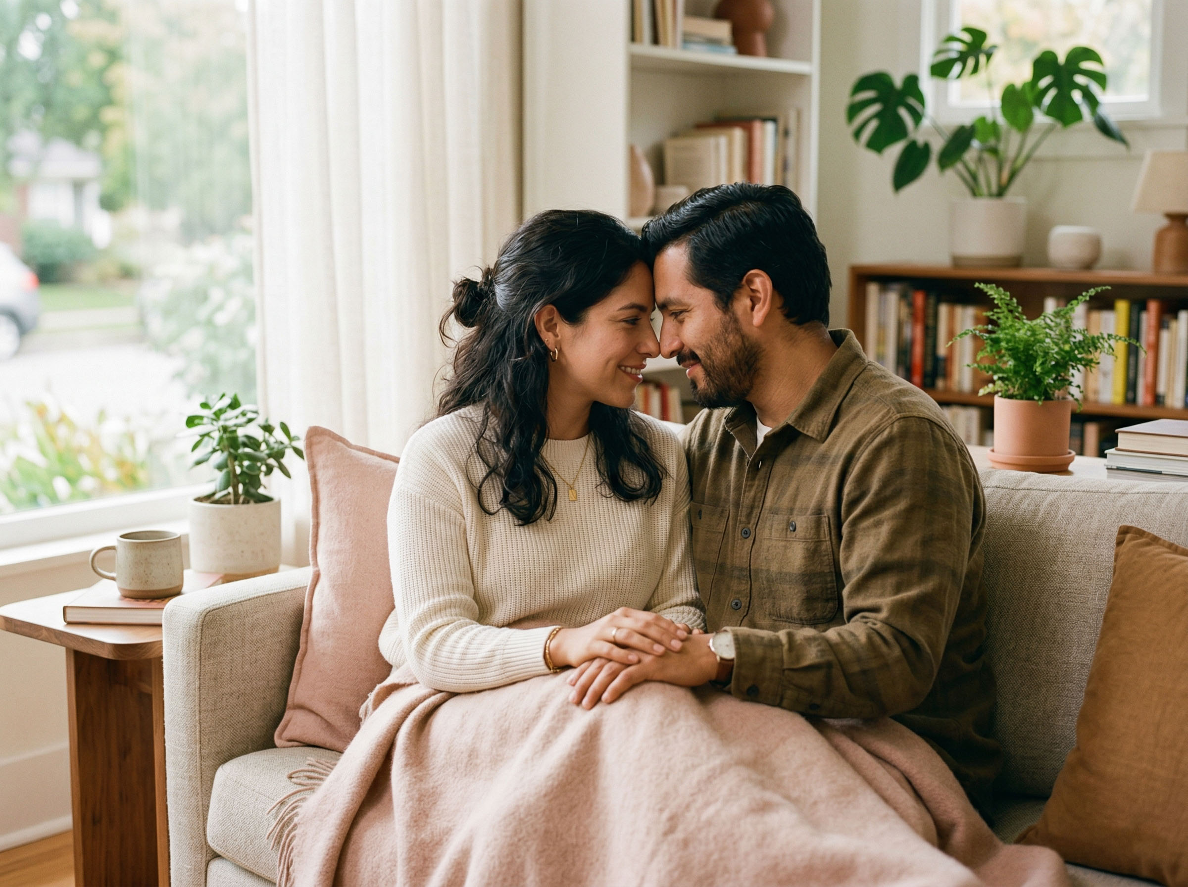 Una pareja compartiendo un momento cálido y suave de conexión y cercanía
