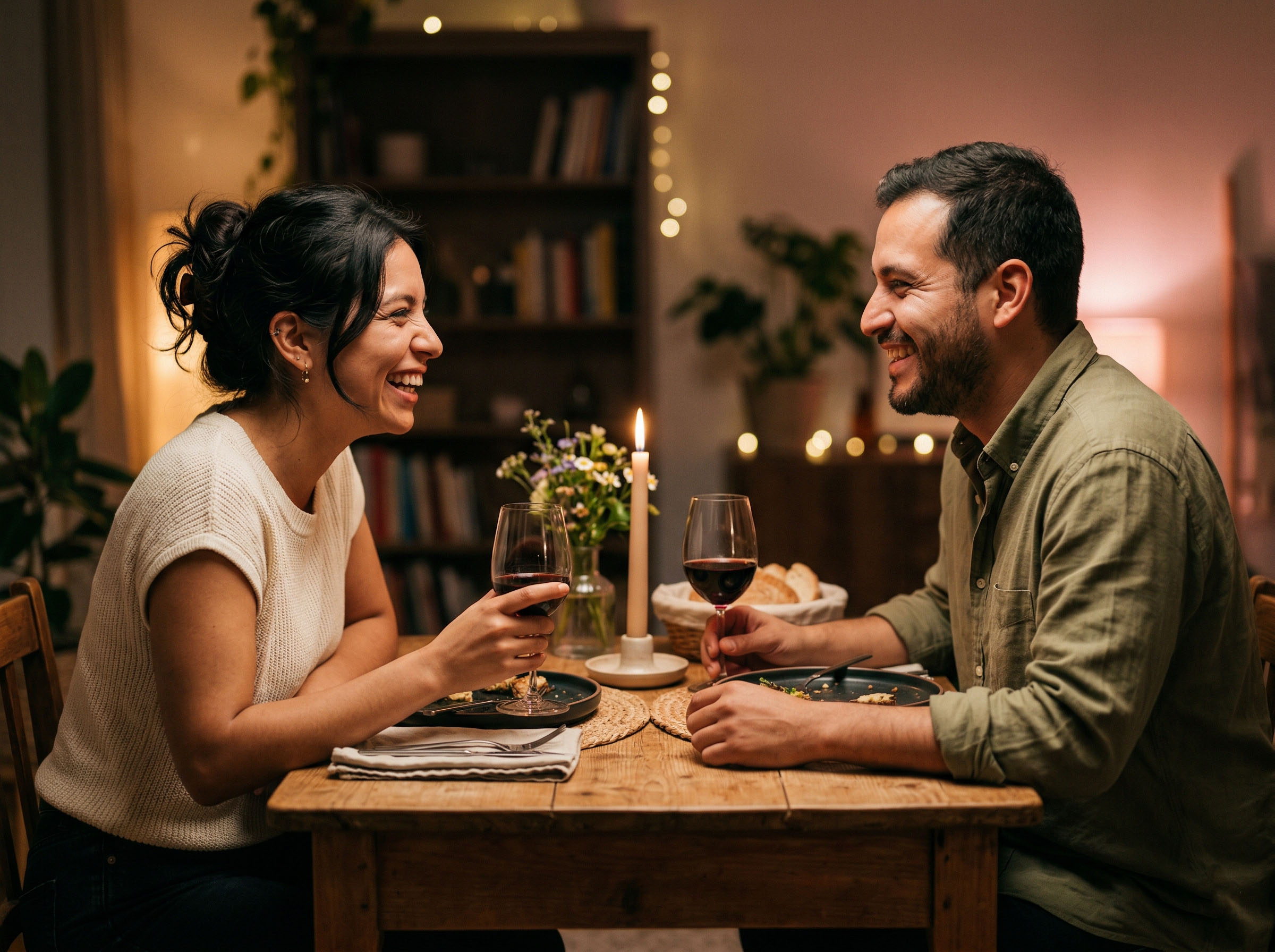 Una pareja compartiendo una noche tranquila a la luz de las velas, con los rostros vueltos el uno hacia el otro en una conversación cálida