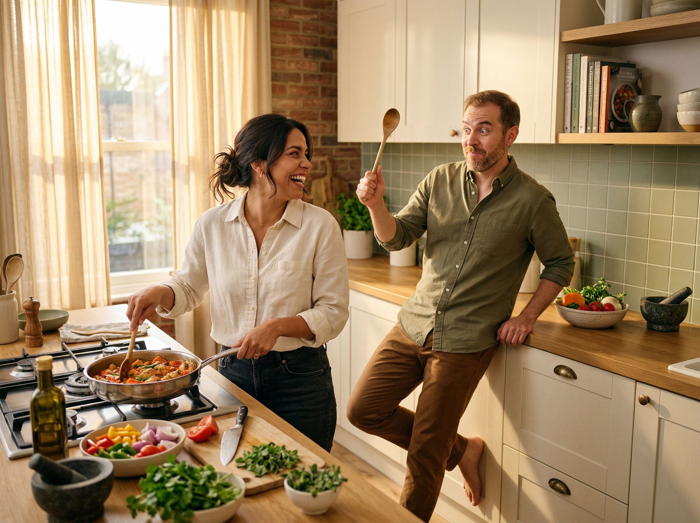Una pareja riendo junta mientras cocinan una comida, capturando la calidez y la intimidad alegre en casa
