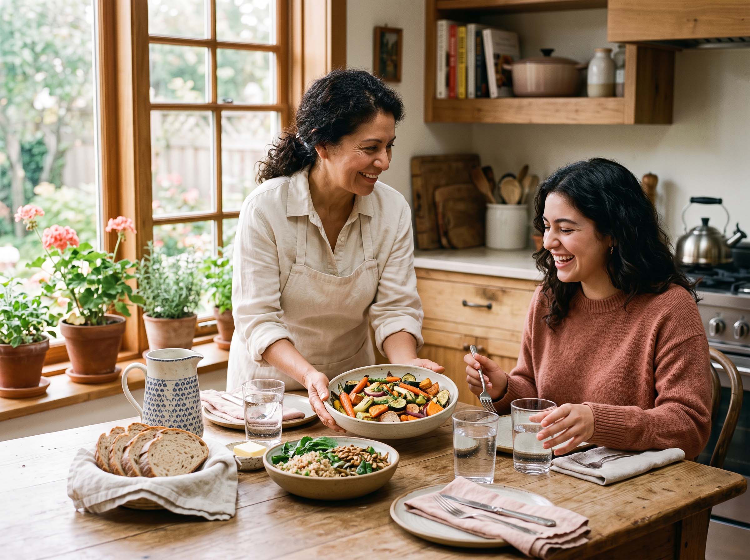 Madre e hija sirviendo una cálida comida casera en una mesa familiar bajo una suave luz matutina