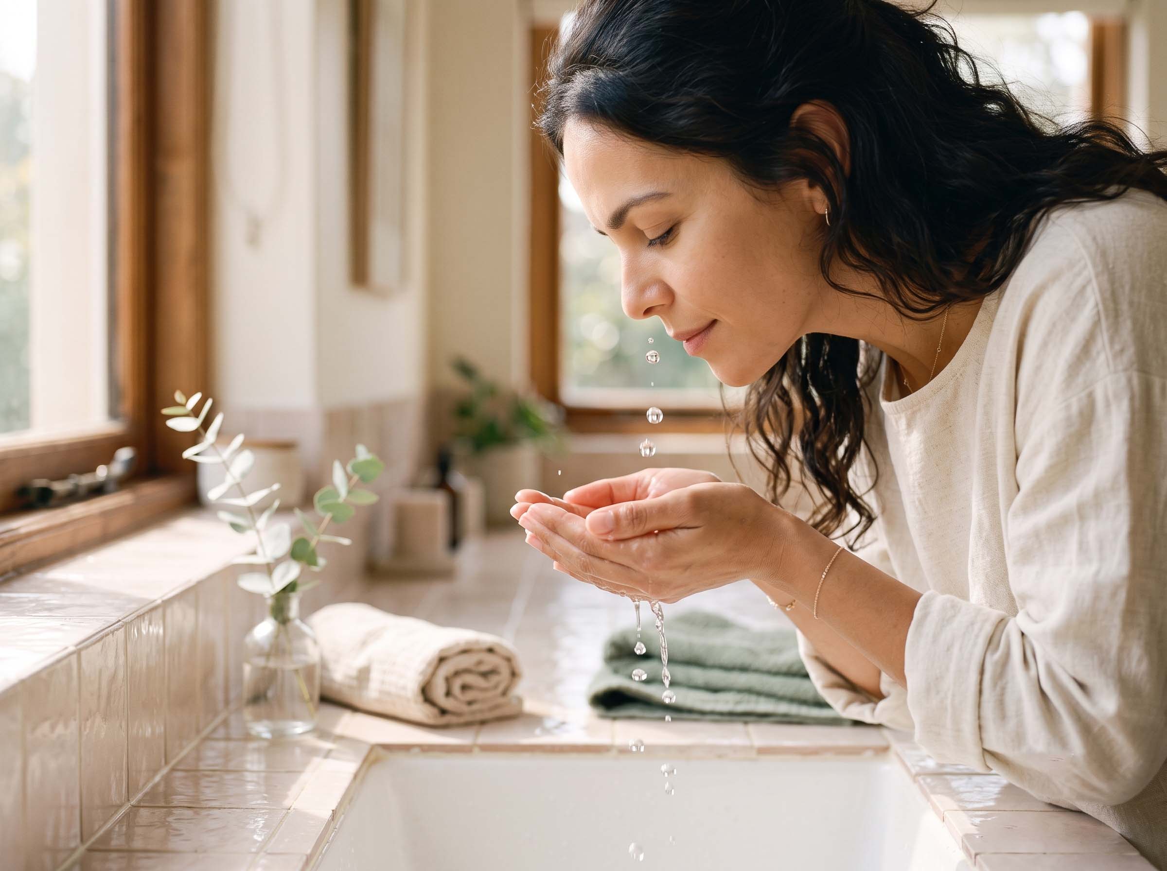 Mujer salpicándose agua fresca en la cara como un reinicio rápido del sistema nervioso