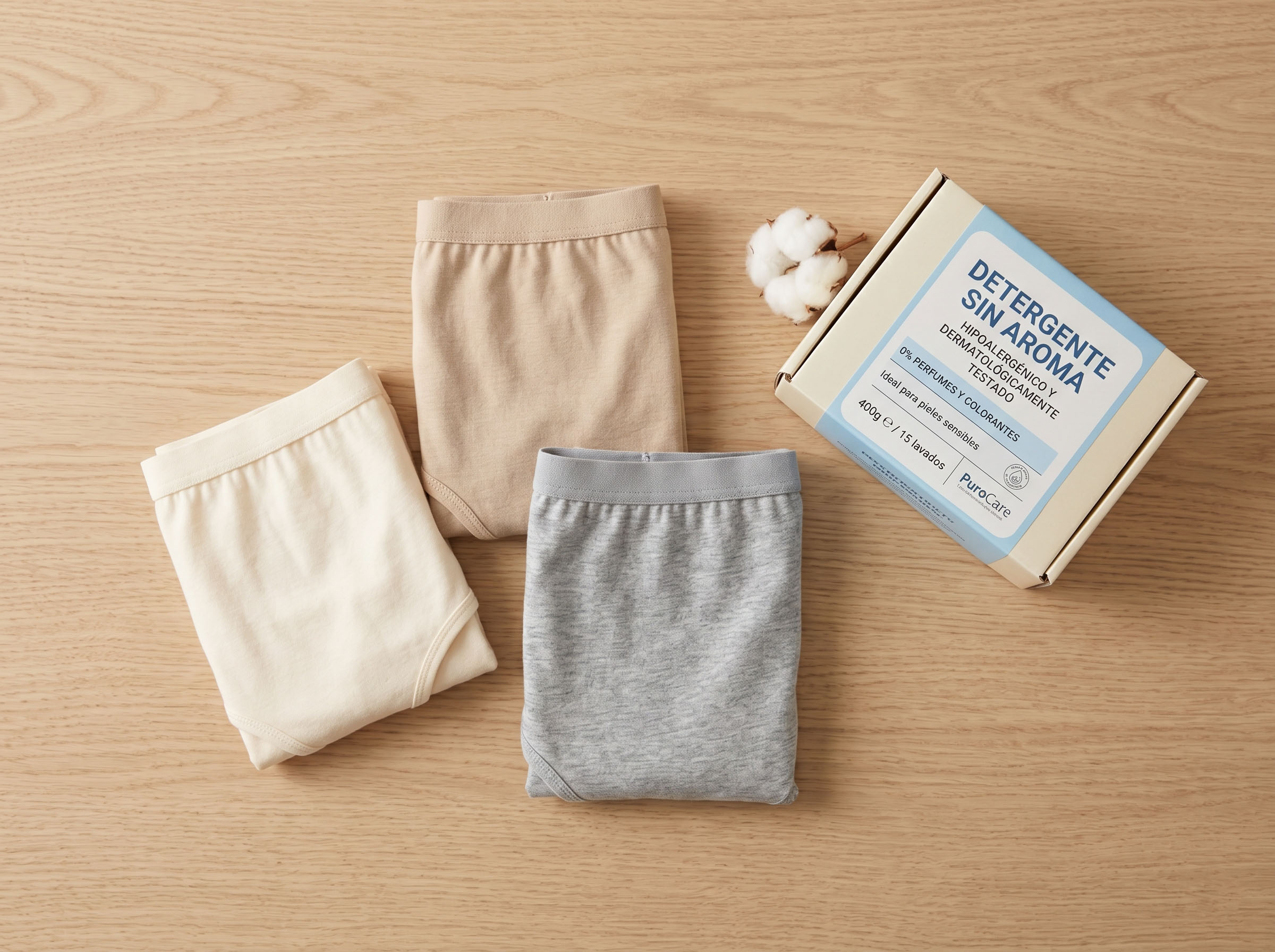 Ropa interior de algodón cuidadosamente doblada en tonos neutros suaves que representan opciones de tejidos transpirables para la salud vaginal