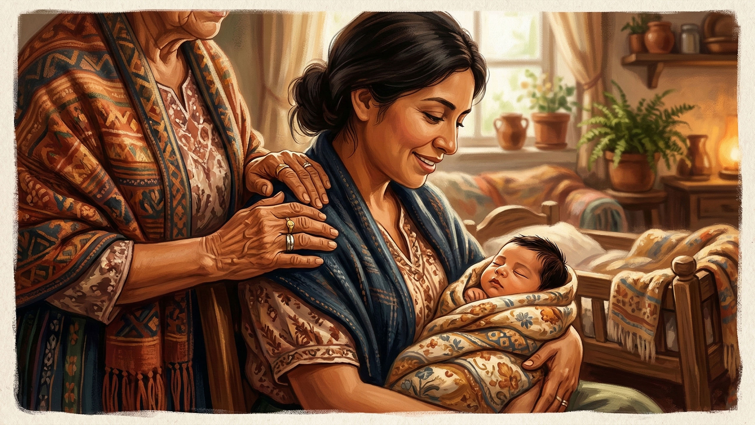 Una abuela apoyando a una madre reciente y a su bebé en un ambiente hogareño cálido.