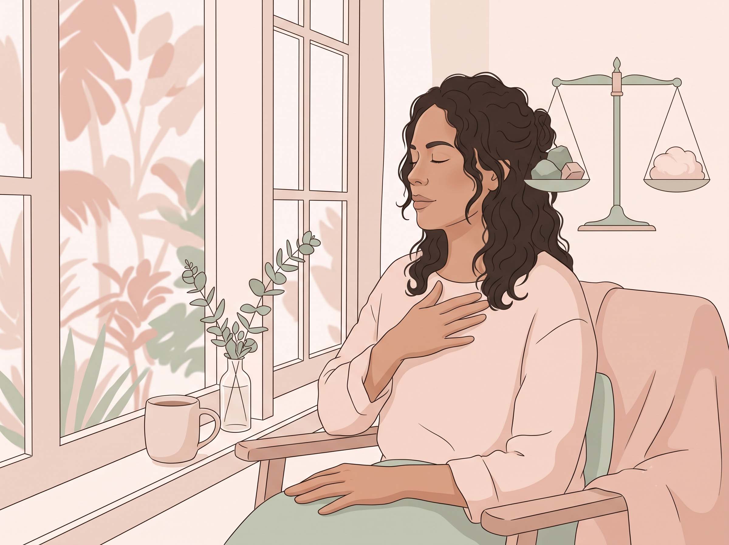 Ilustración de una mujer tranquila con un motivo de balancín equilibrado que representa los dos estados del sistema nervioso femenino
