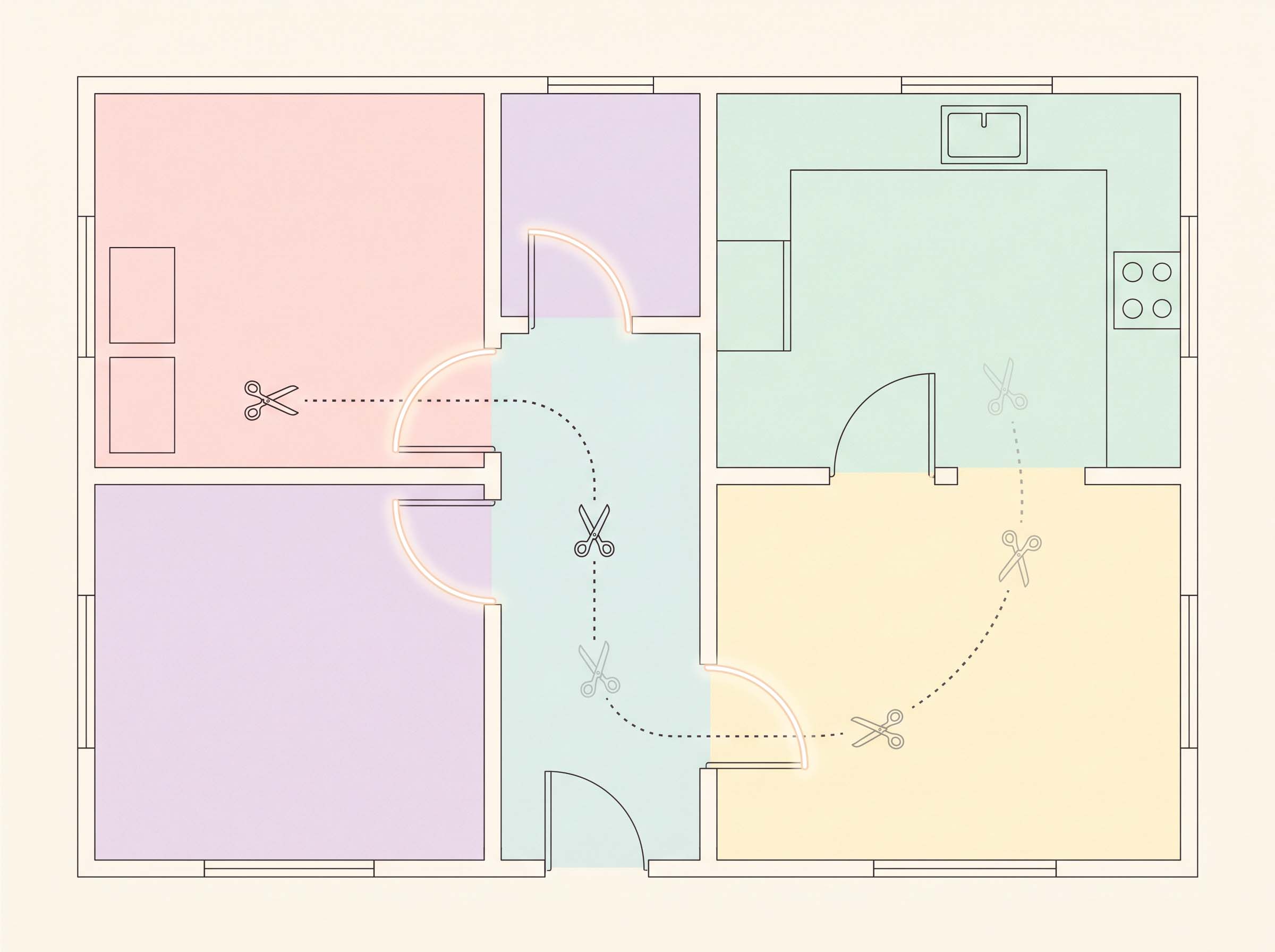 Ilustración en tonos pastel del plano de una casa que muestra una trayectoria de puntos al cruzar una puerta, con cada habitación coloreada como un capítulo separado de la memoria