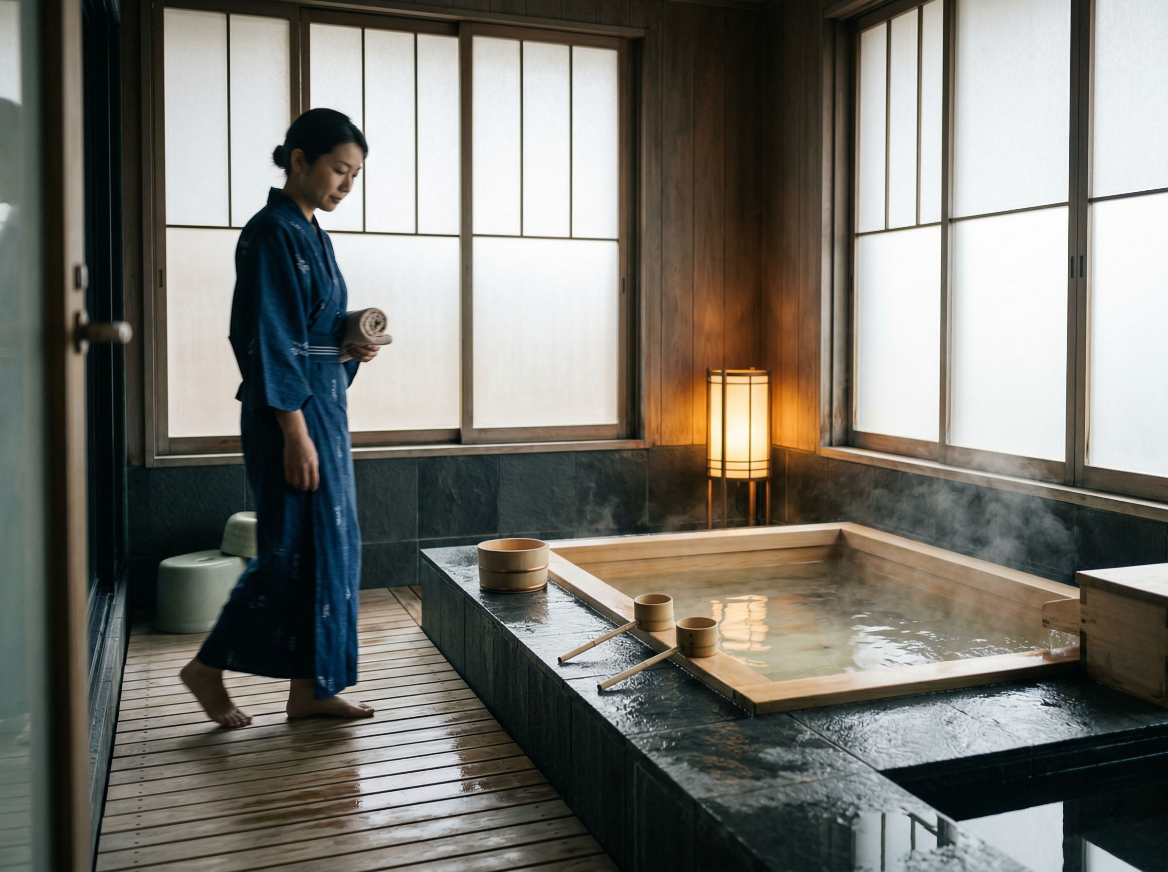 A traditional Japanese onsen bathing area with wooden tubs, steam rising and stone lanterns