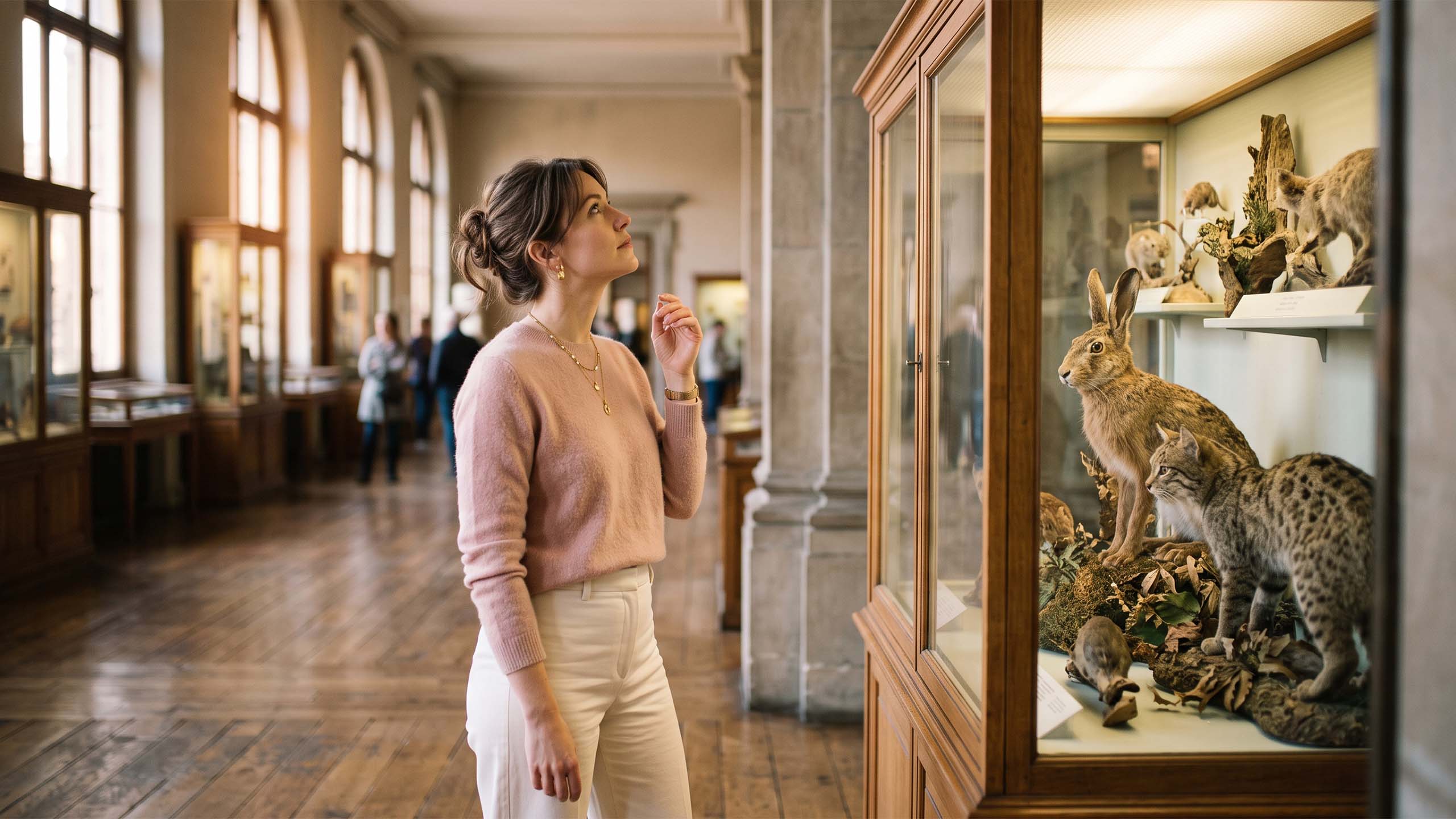 Woman in a natural history museum studying mammal specimens, illustrating how evolution shaped female anatomy across species