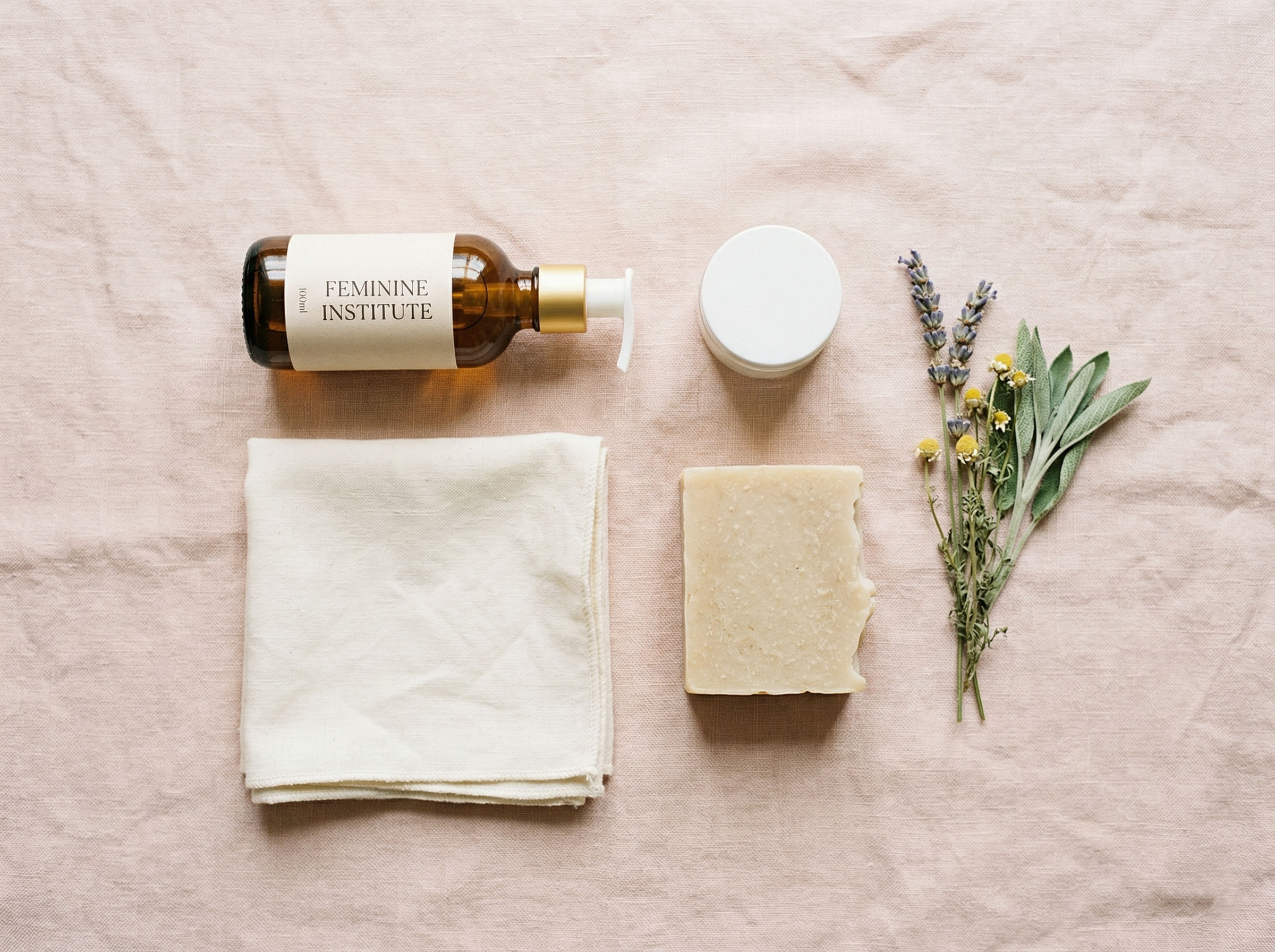 A curated flat lay of fragrance-free feminine care products alongside cotton underwear and natural soap on a soft pink background