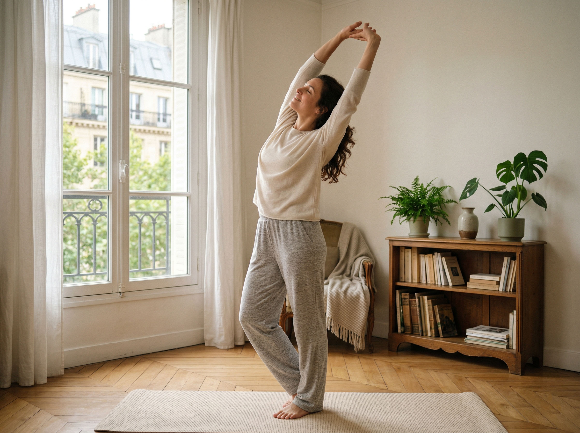 Une femme s'étirant paisiblement dans une pièce calme
