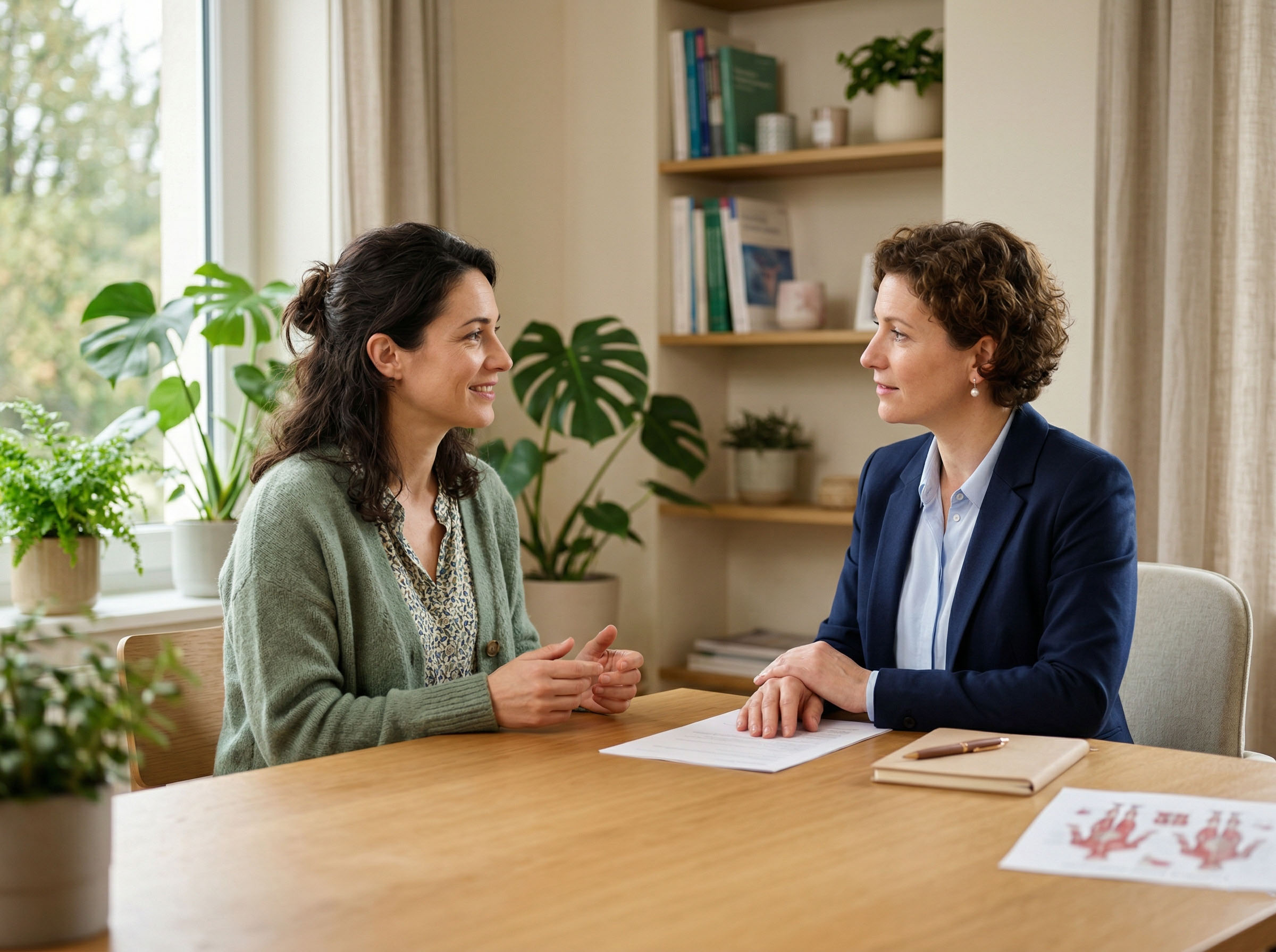 Une femme dans un cadre de consultation médicale calme avec une gynécologue examinant des informations de santé