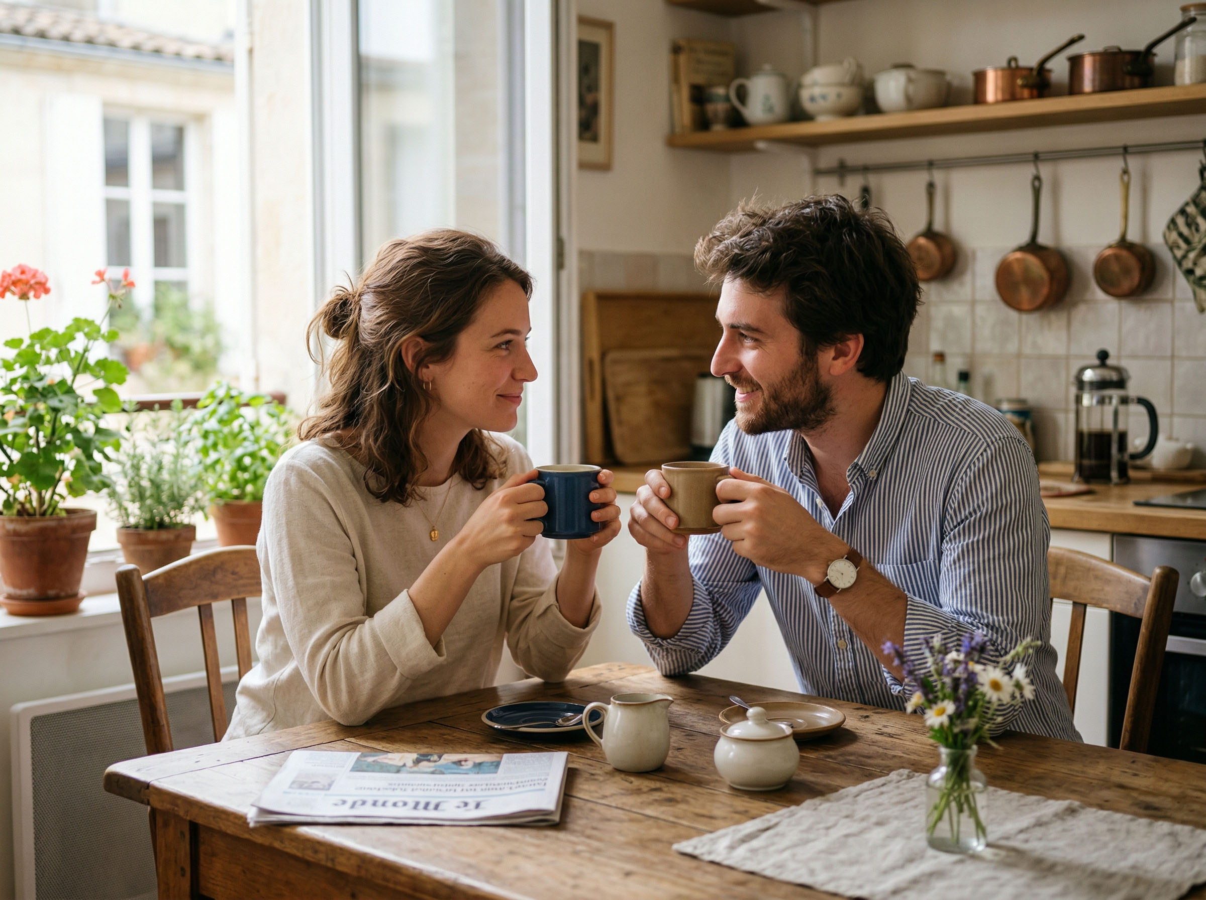 Une femme et un homme assis l'un en face de l'autre à une table de cuisine, ayant une conversation calme et ouverte autour d'un café