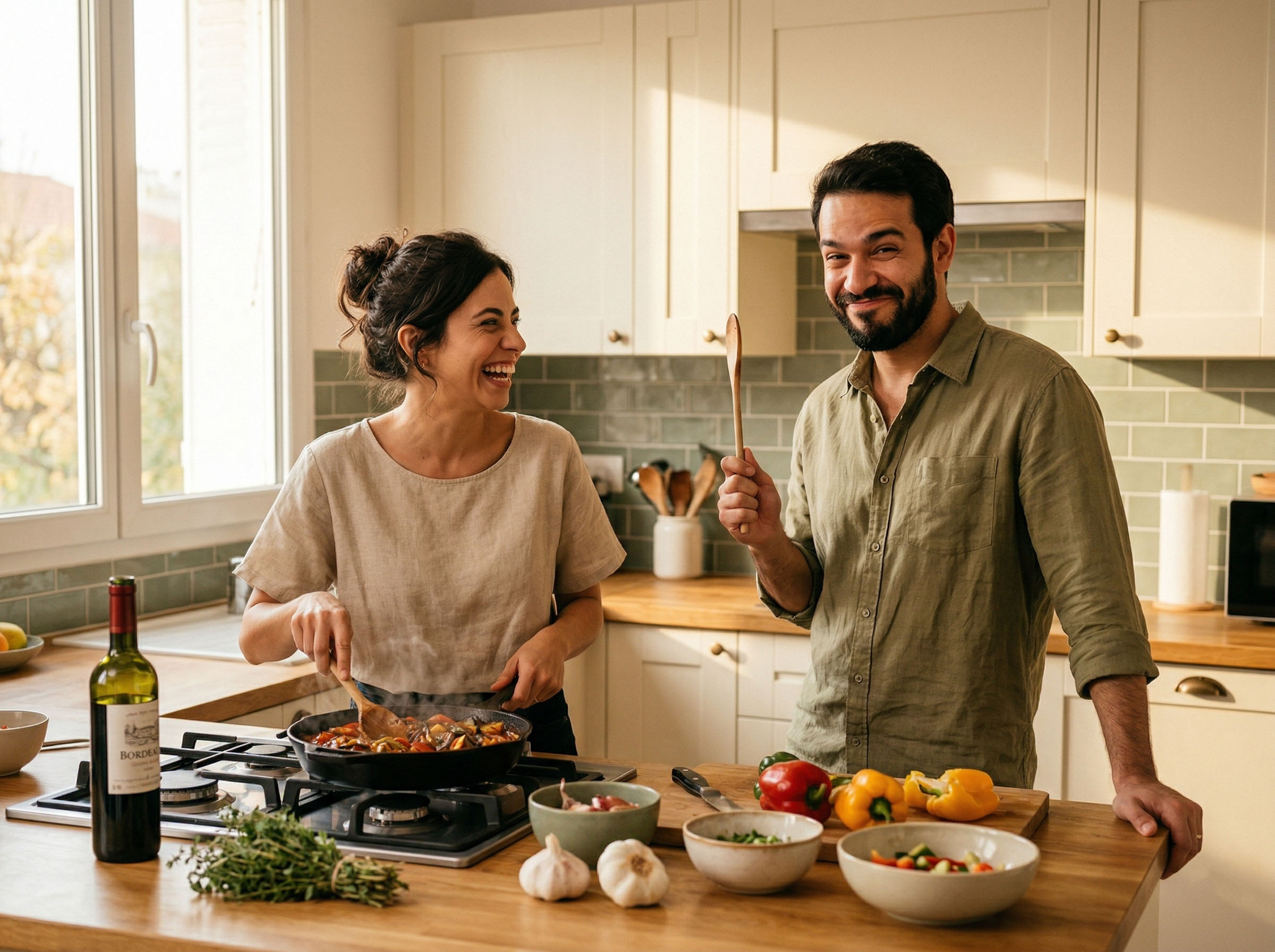 Un couple riant ensemble en cuisinant, capturant la chaleur et l'intimité ludique à la maison