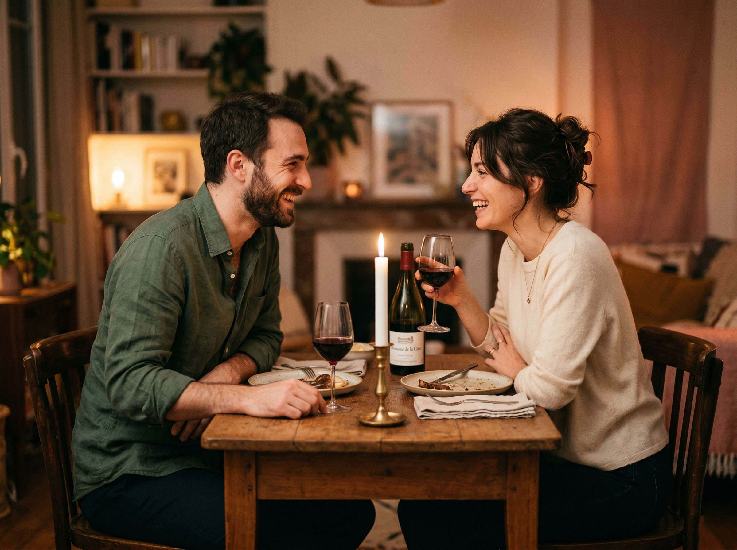 Un couple partageant une soirée calme aux chandelles, se regardant l'un l'autre dans une conversation chaleureuse