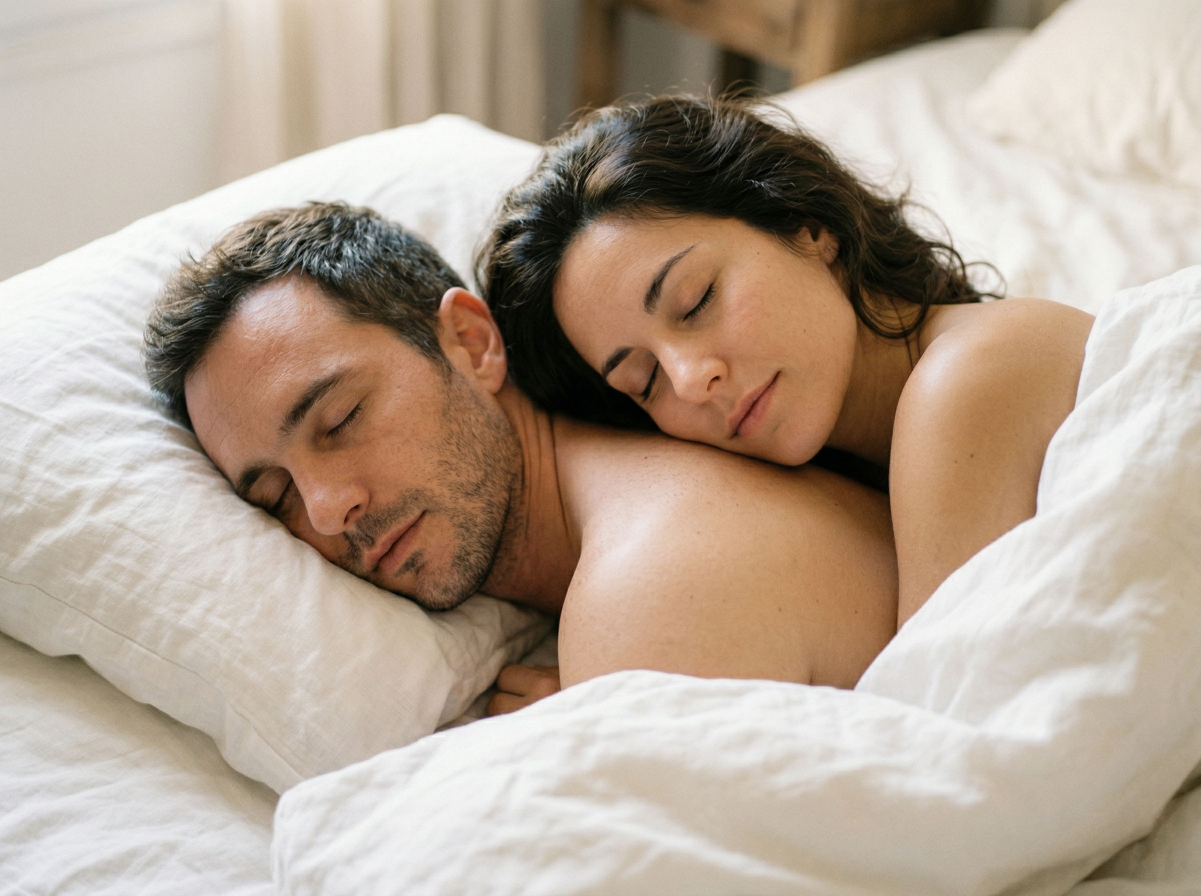 Couple dormant paisiblement ensemble sous du linge blanc doux, atmosphère matinale chaleureuse