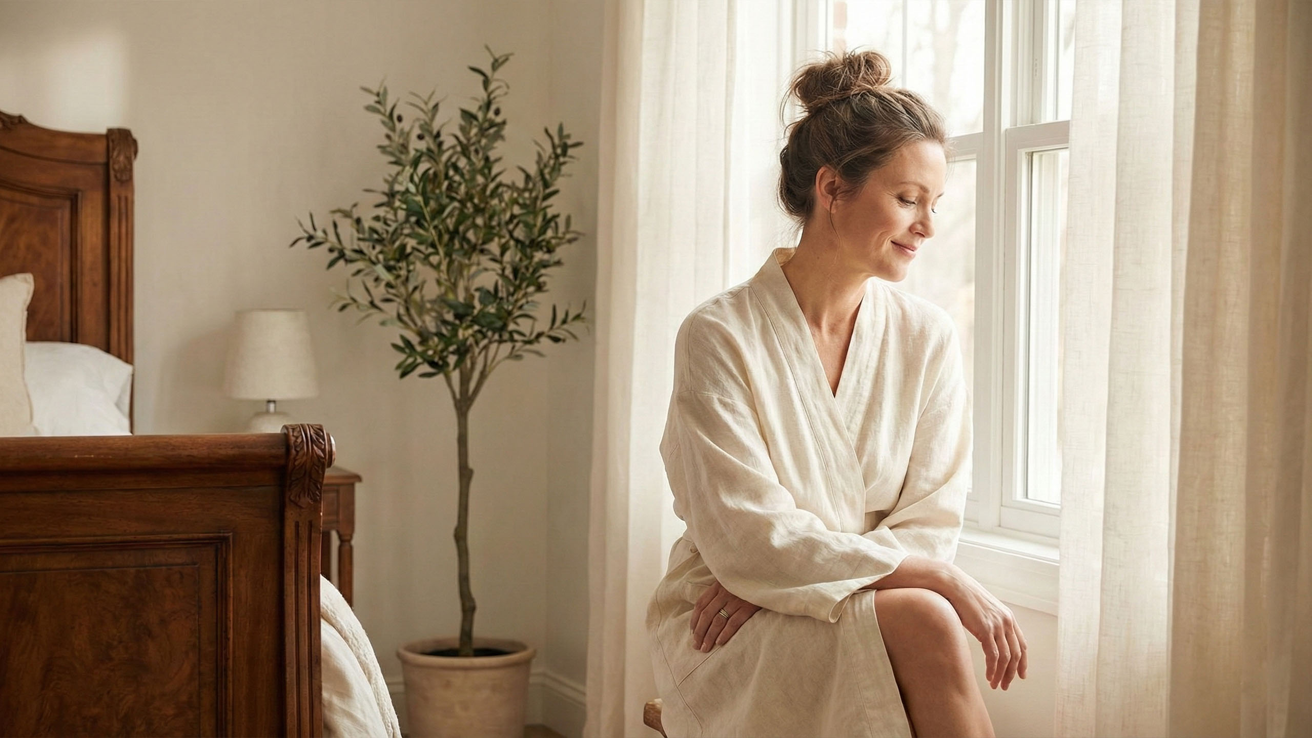 Une femme paisible réfléchissant dans une pièce doucement éclairée, symbolisant la réceptivité féminine et l’harmonie biologique.