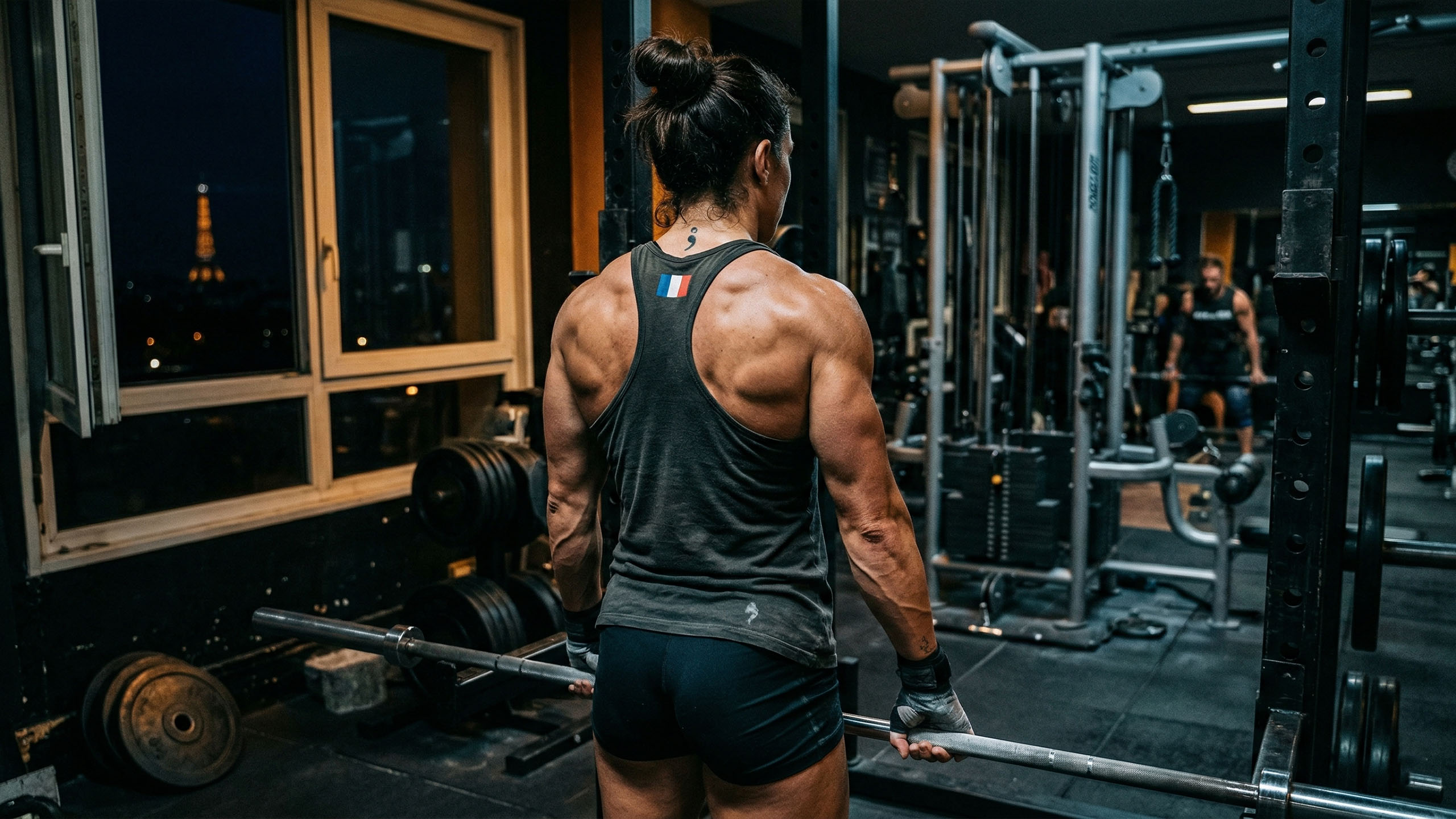 Athlète féminine forte s’entraînant en salle de sport, vue de dos montrant les muscles du dos et des bras bien définis sous un éclairage latéral dramatique