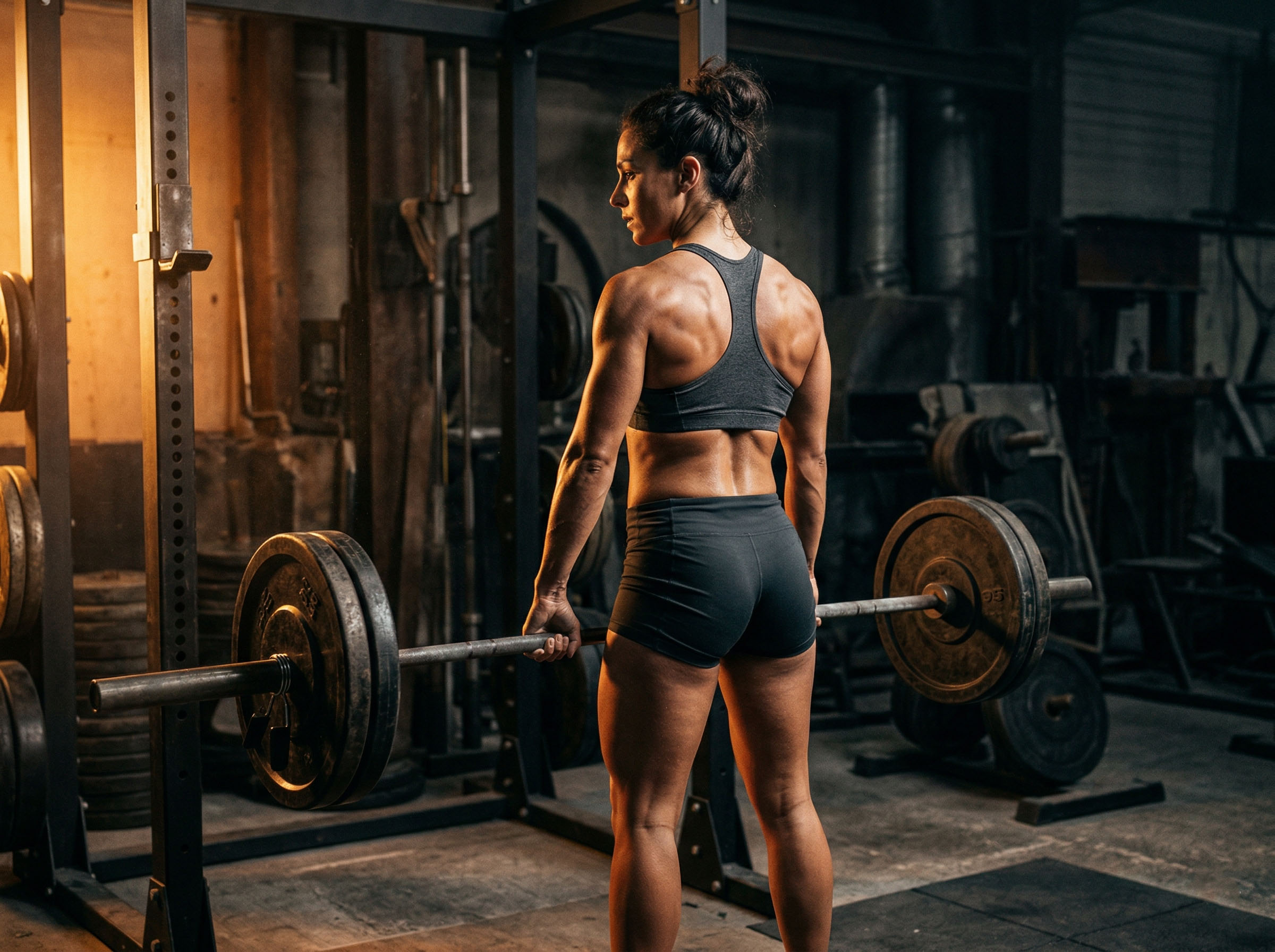 Culturiste féminine s'entraînant avec des poids lourds dans une salle de sport
