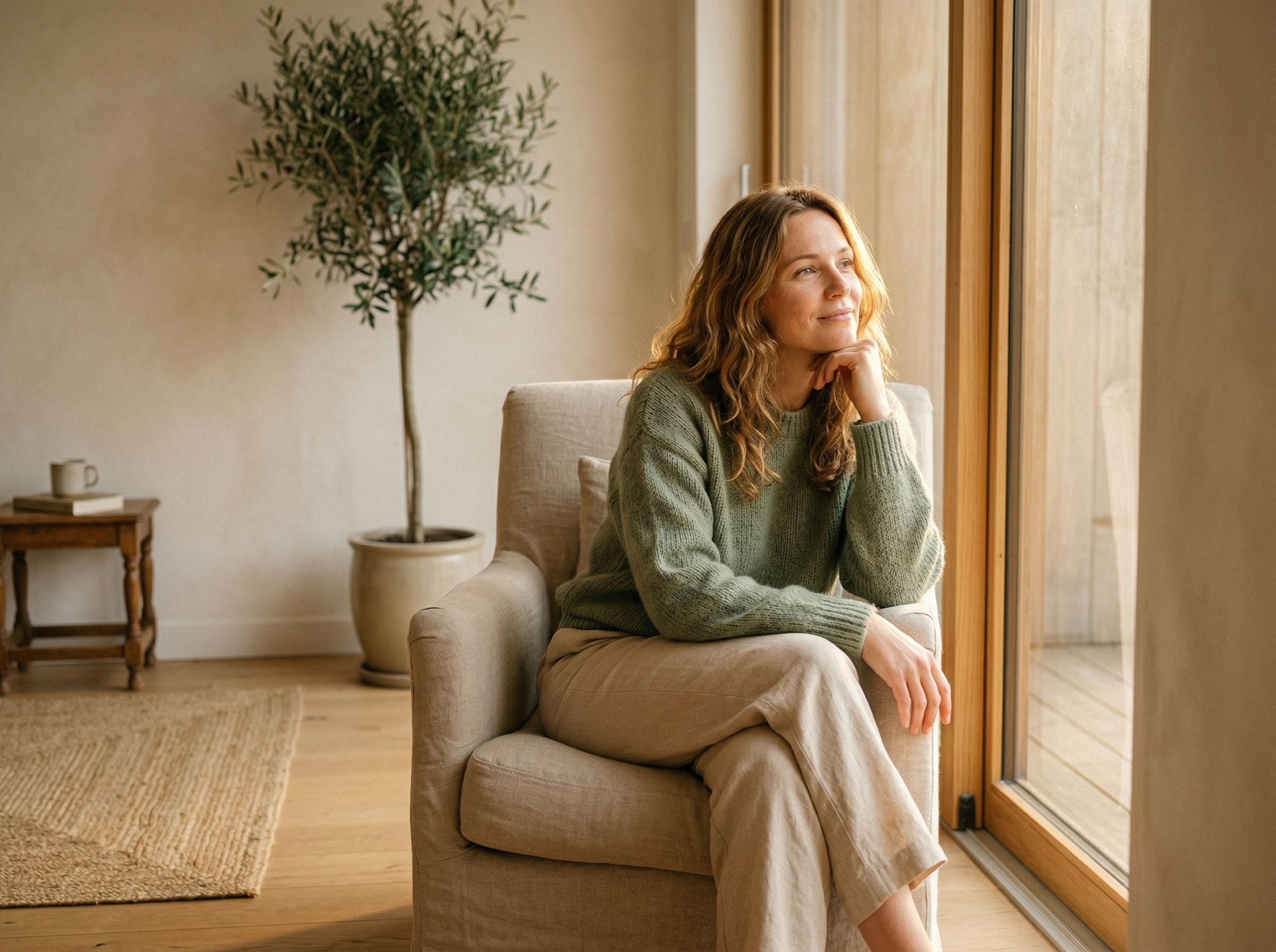 Une femme assise tranquillement dans un espace ensoleillé, l'air calme et confiant — représentant la conscience de soi et la connaissance de son corps