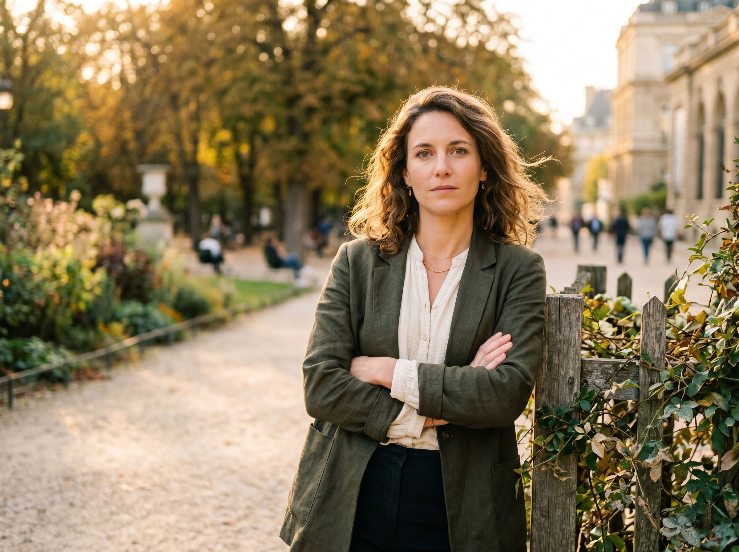 Femme debout avec confiance sous une lumière naturelle, regardant devant elle avec clarté et calme