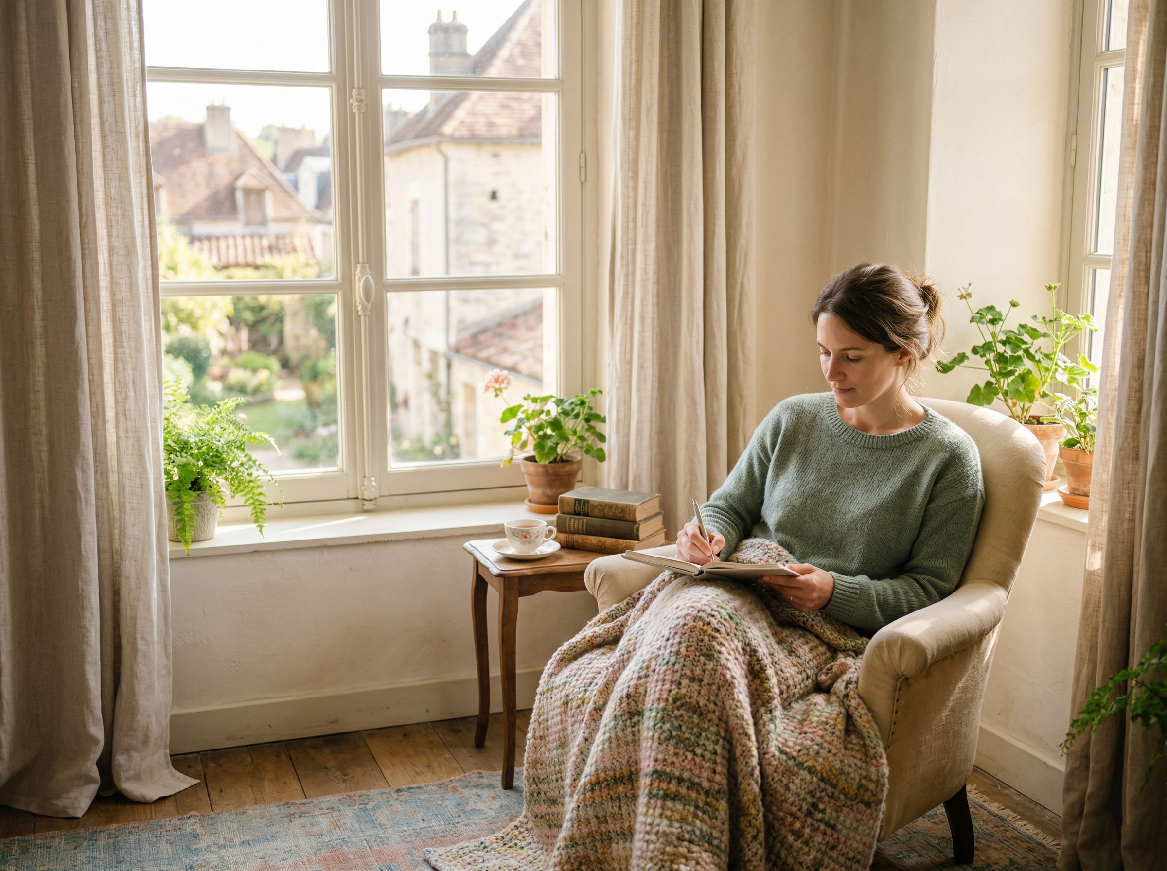 Une femme assise près d'une fenêtre avec un journal, réfléchissant pensivement à ses émotions et à la communication dans son couple