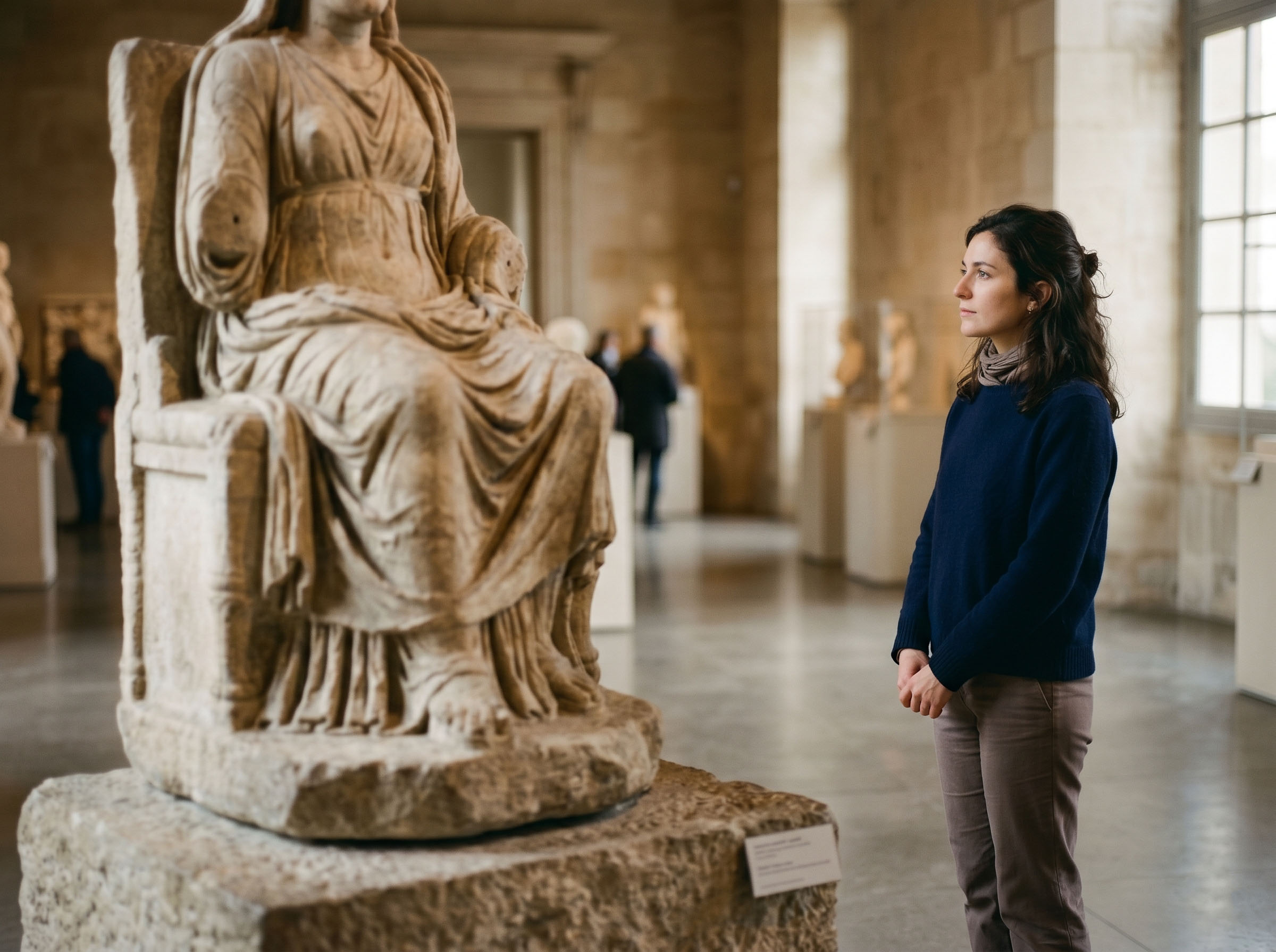 Femme moderne réfléchissant près d'une sculpture antique de déesse en pierre dans un musée