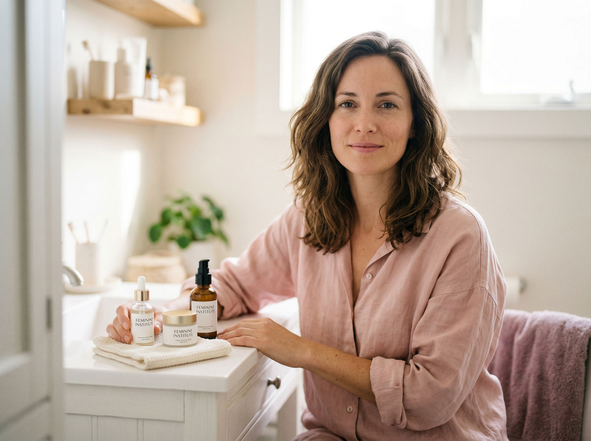 Femme dans une salle de bain lumineuse examinant des produits de soin et d'hygiène à une coiffeuse