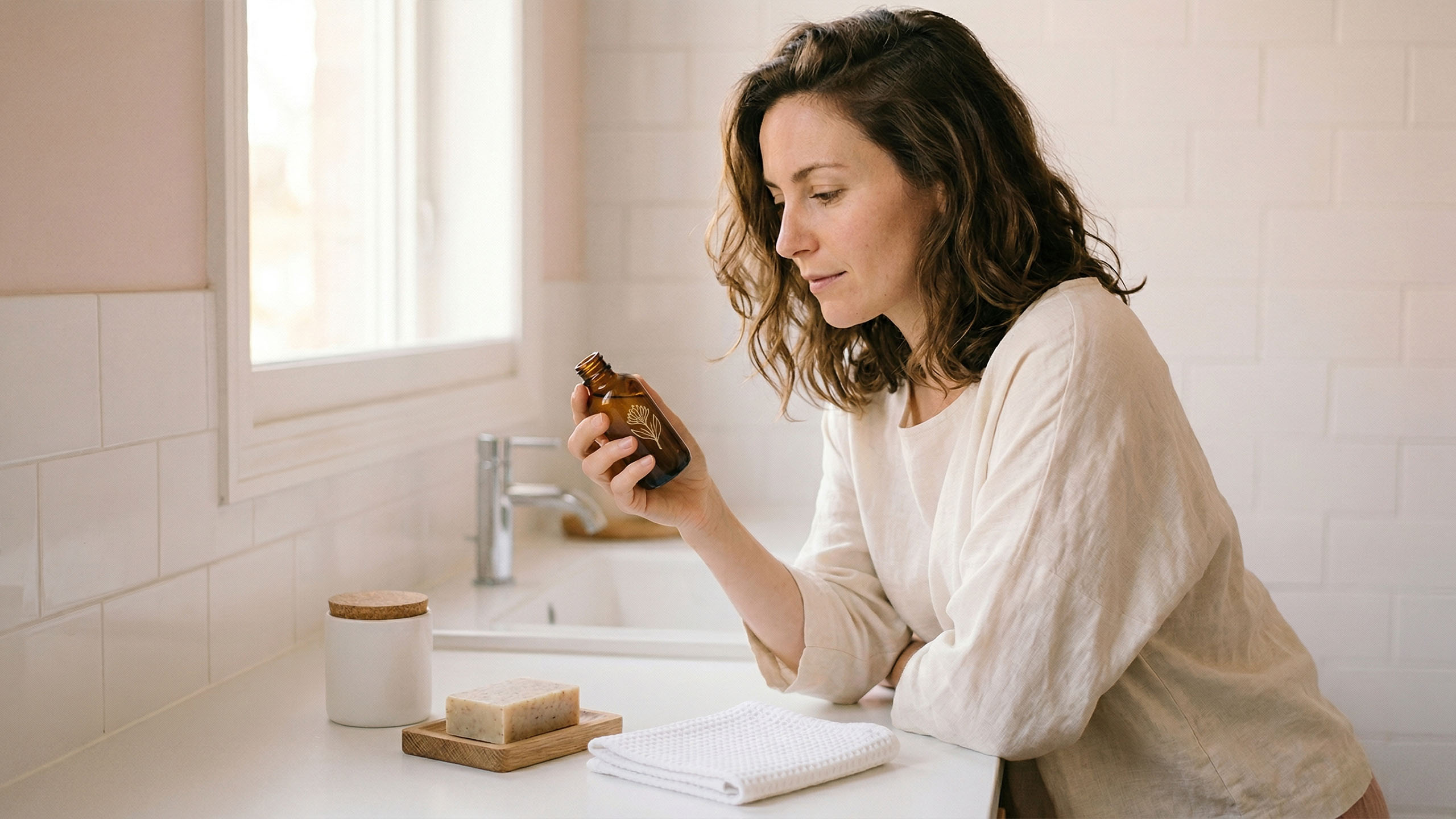 Femme examinant des produits d’hygiène sur un comptoir de salle de bain propre, illustrant un soin basé sur le microbiome