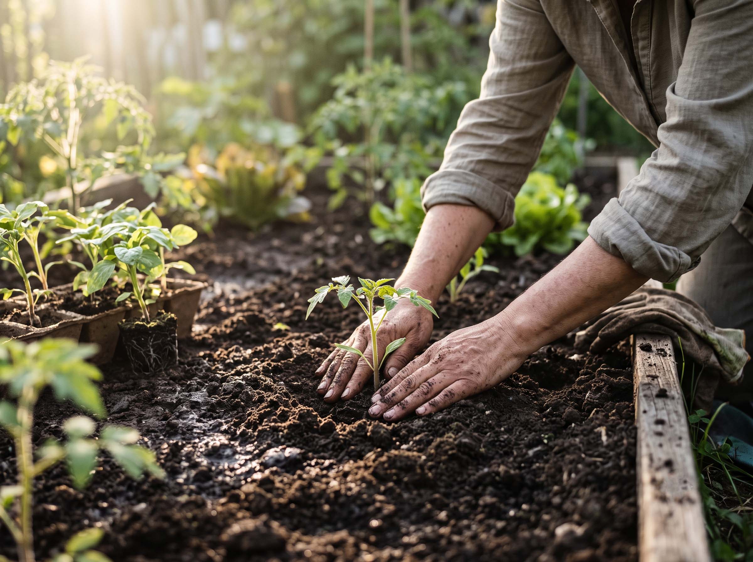 A woman's hands pressing seedlings into dark garden soil in soft morning light