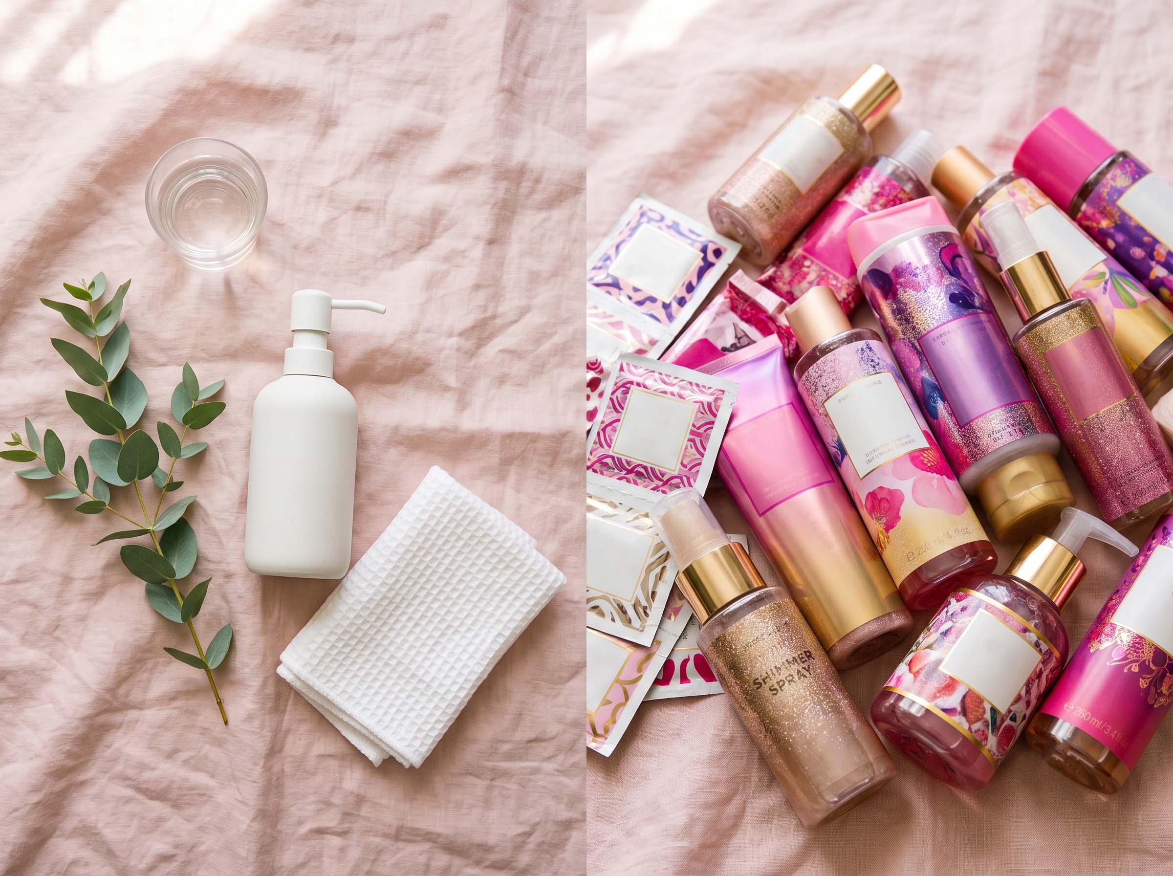 Composición plana suave que compara un limpiador sencillo sin fragancia y un vaso de agua junto a jabones íntimos perfumados de moda de colores brillantes