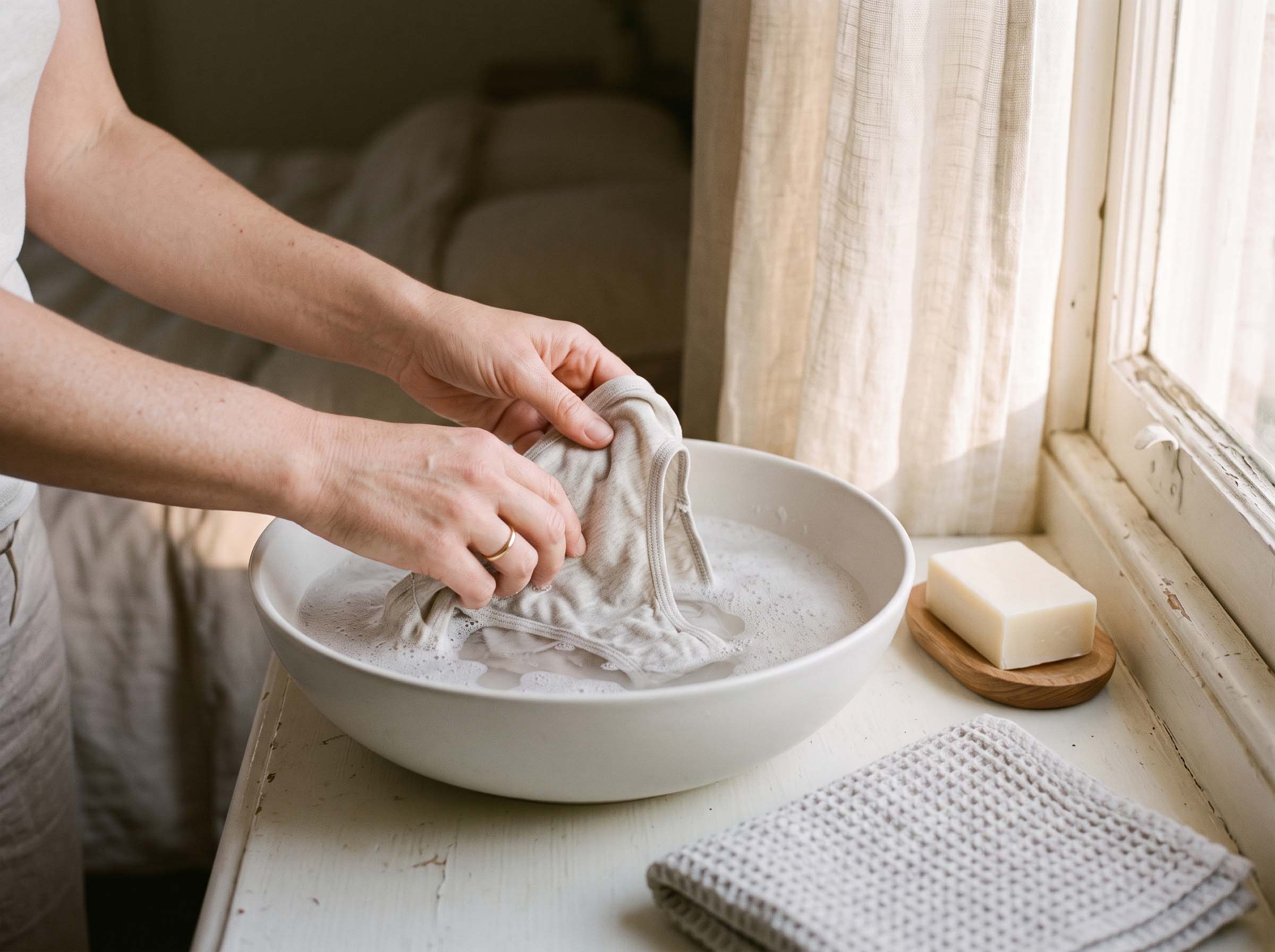 Woman hand-washing a delicate garment in a white basin beside a sunlit window