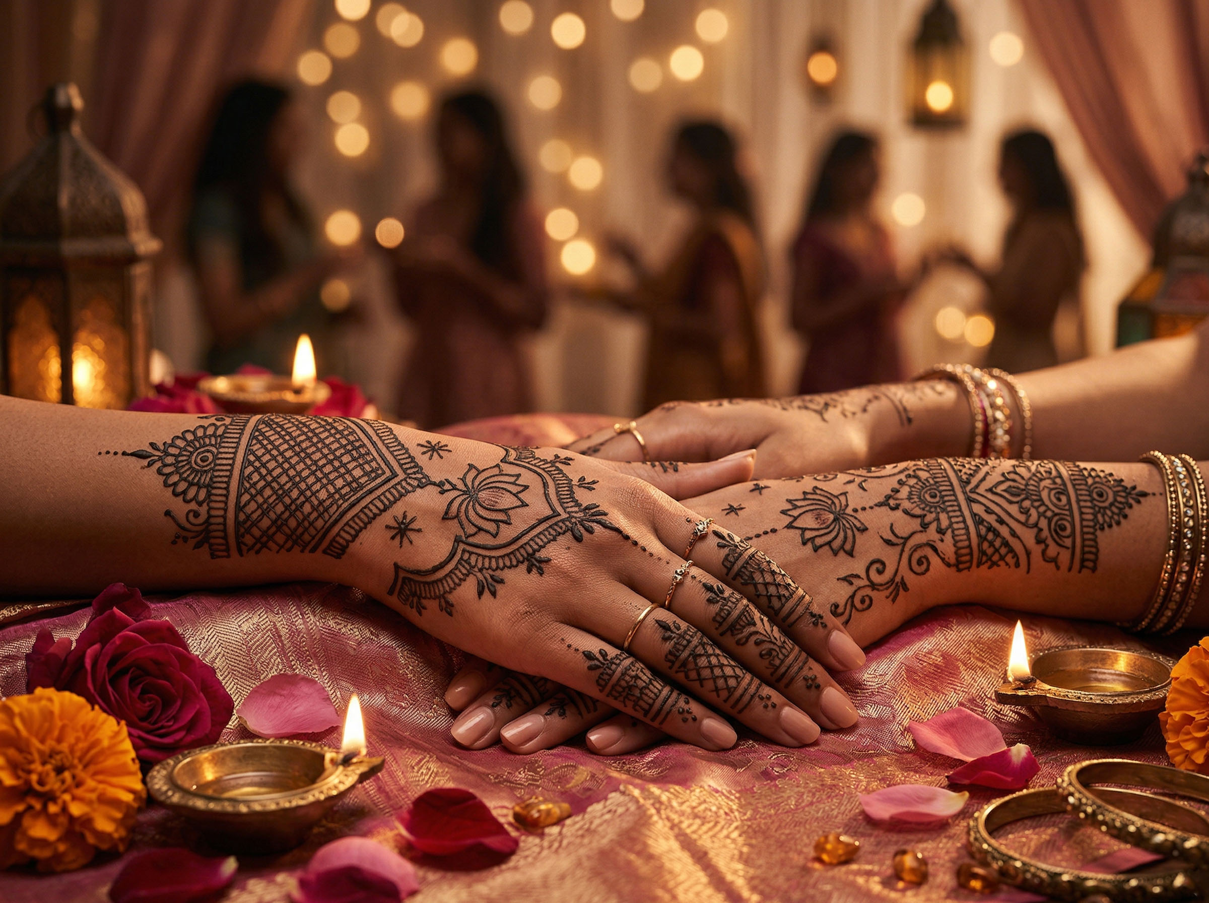 A bride's hands adorned with intricate henna patterns during a traditional ceremony