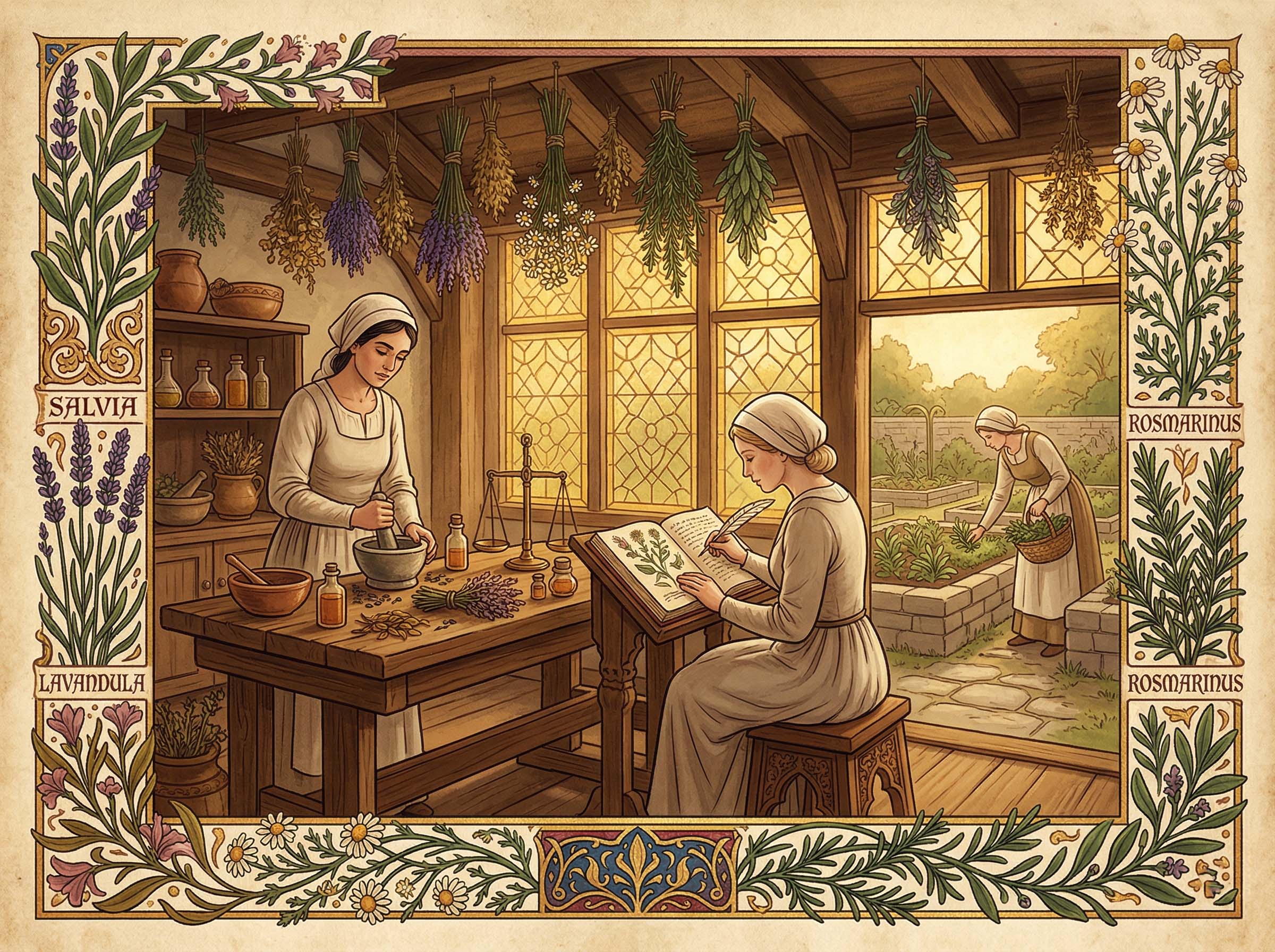 Medieval illuminated manuscript depicting women gathering herbs for medicinal use