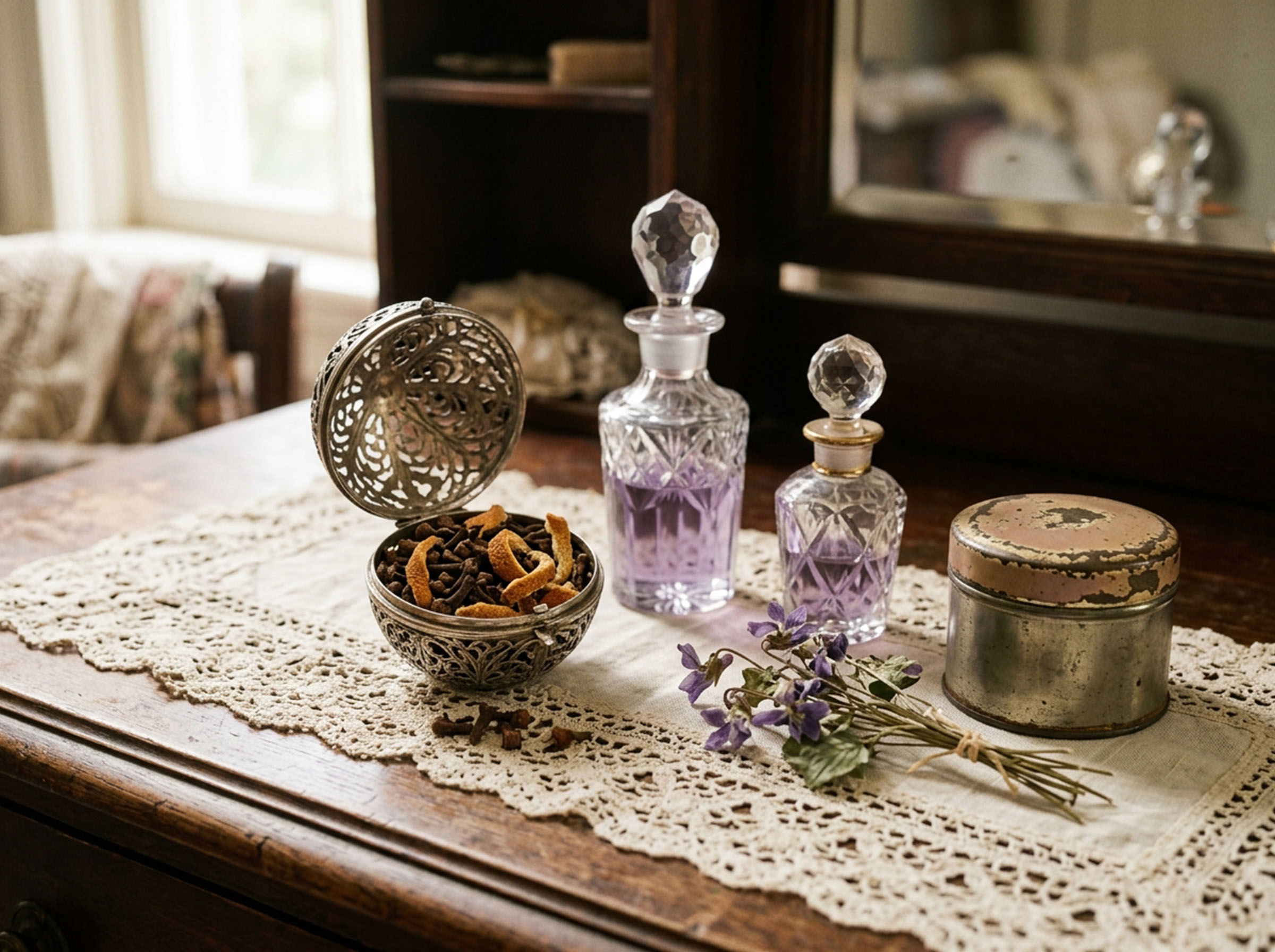 Bodegón de un pomandero de plata antiguo, frascos de perfume de vidrio victorianos y una lata de artículos de tocador de la década de 1920 sobre un tocador cubierto de encaje