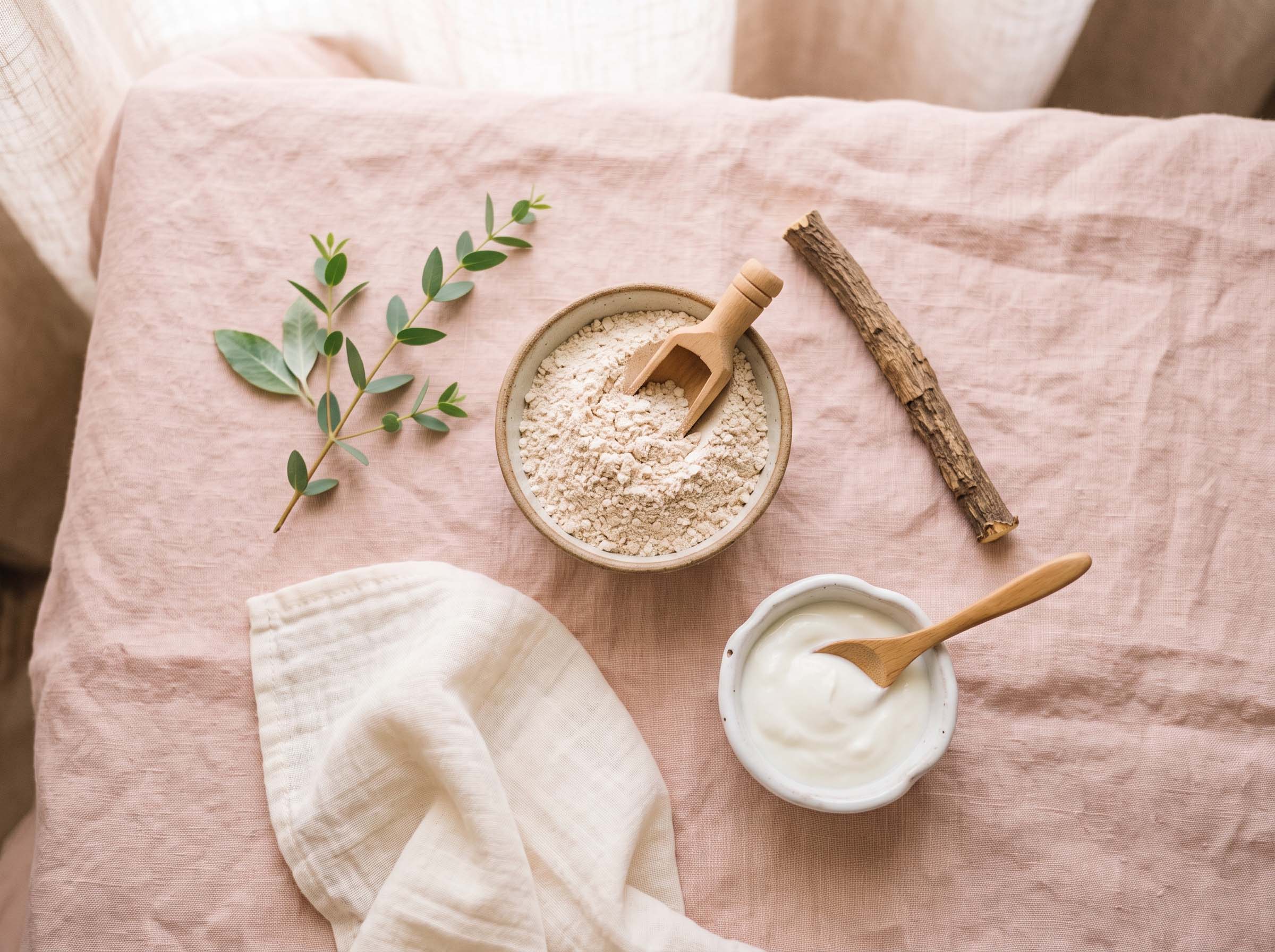 Soft natural skincare ingredients including oats, licorice root, and yogurt arranged on a pastel surface for gentle intimate skin care