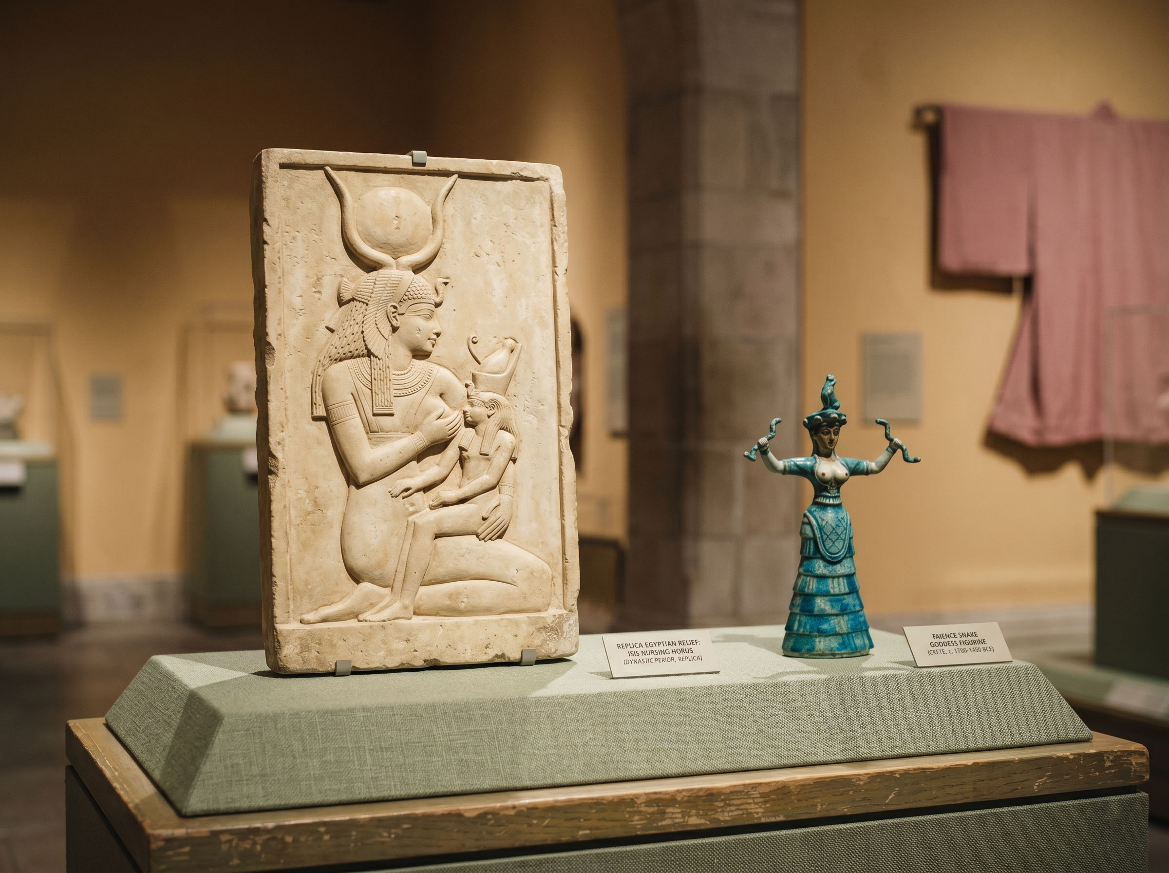 Ancient Egyptian relief of Isis nursing Horus alongside Minoan Snake Goddess figurine