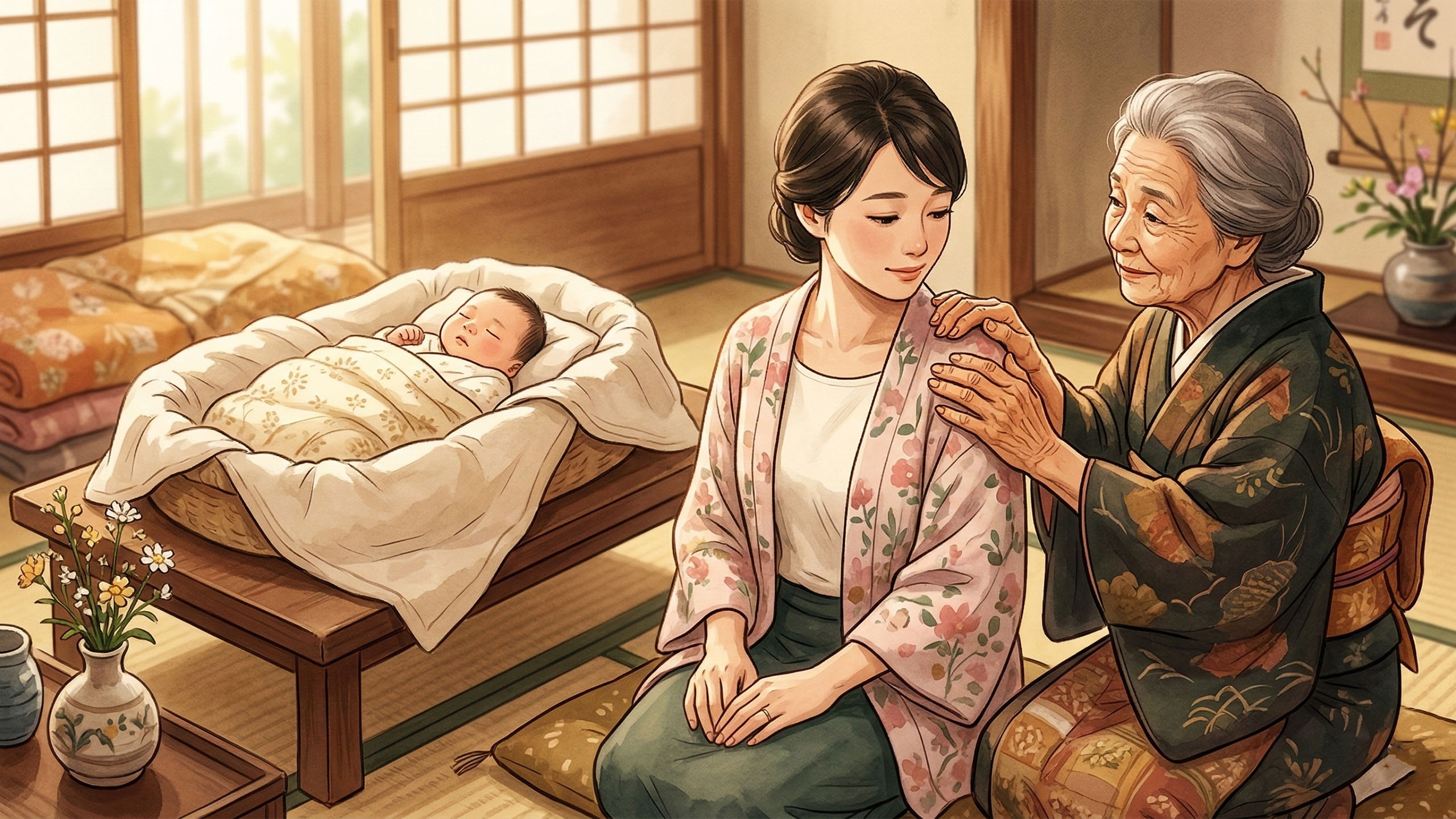 祖母が新しい母親と赤ちゃんを温かい家庭環境で支えている様子。