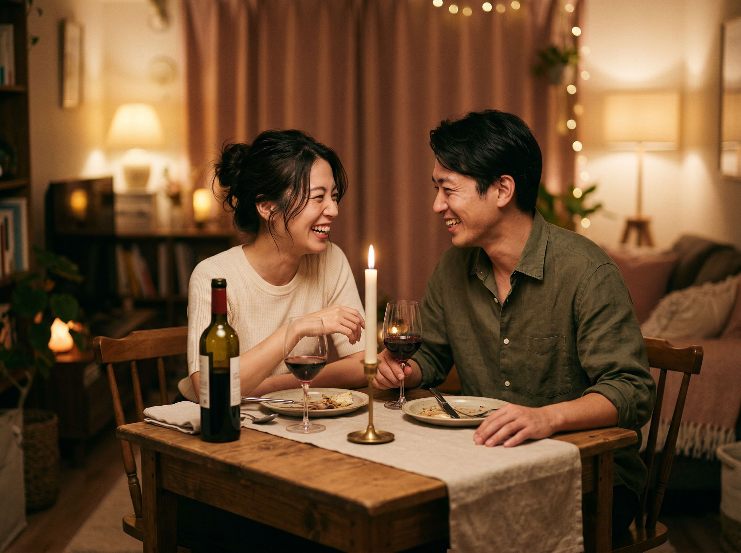 キャンドルを灯した静かな夜、温かい会話を交わしながら互いに顔を向けるカップル