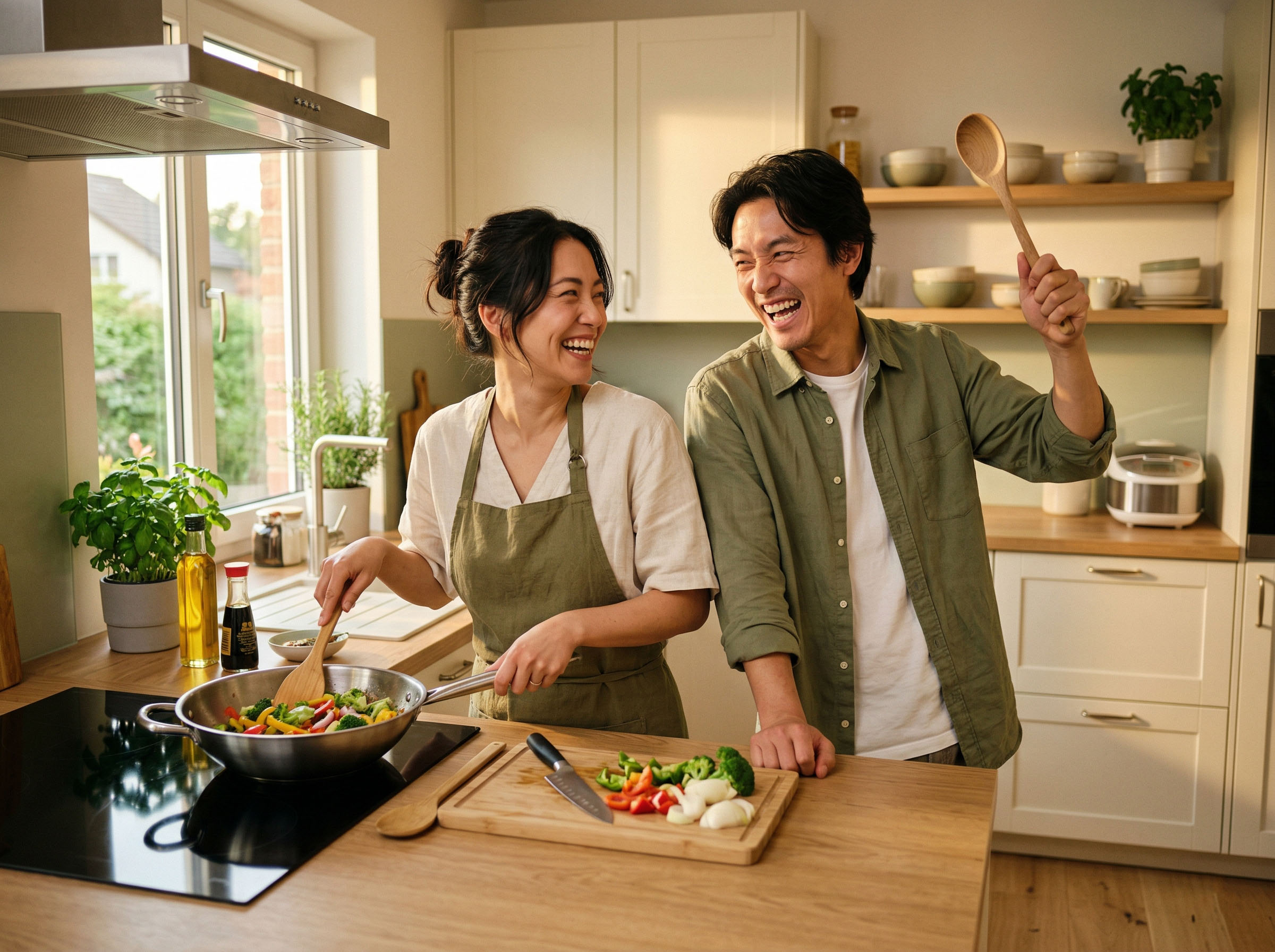 キッチンで食事を作りながら共に笑い合うカップル。家庭での温かさと遊び心のある親密さ