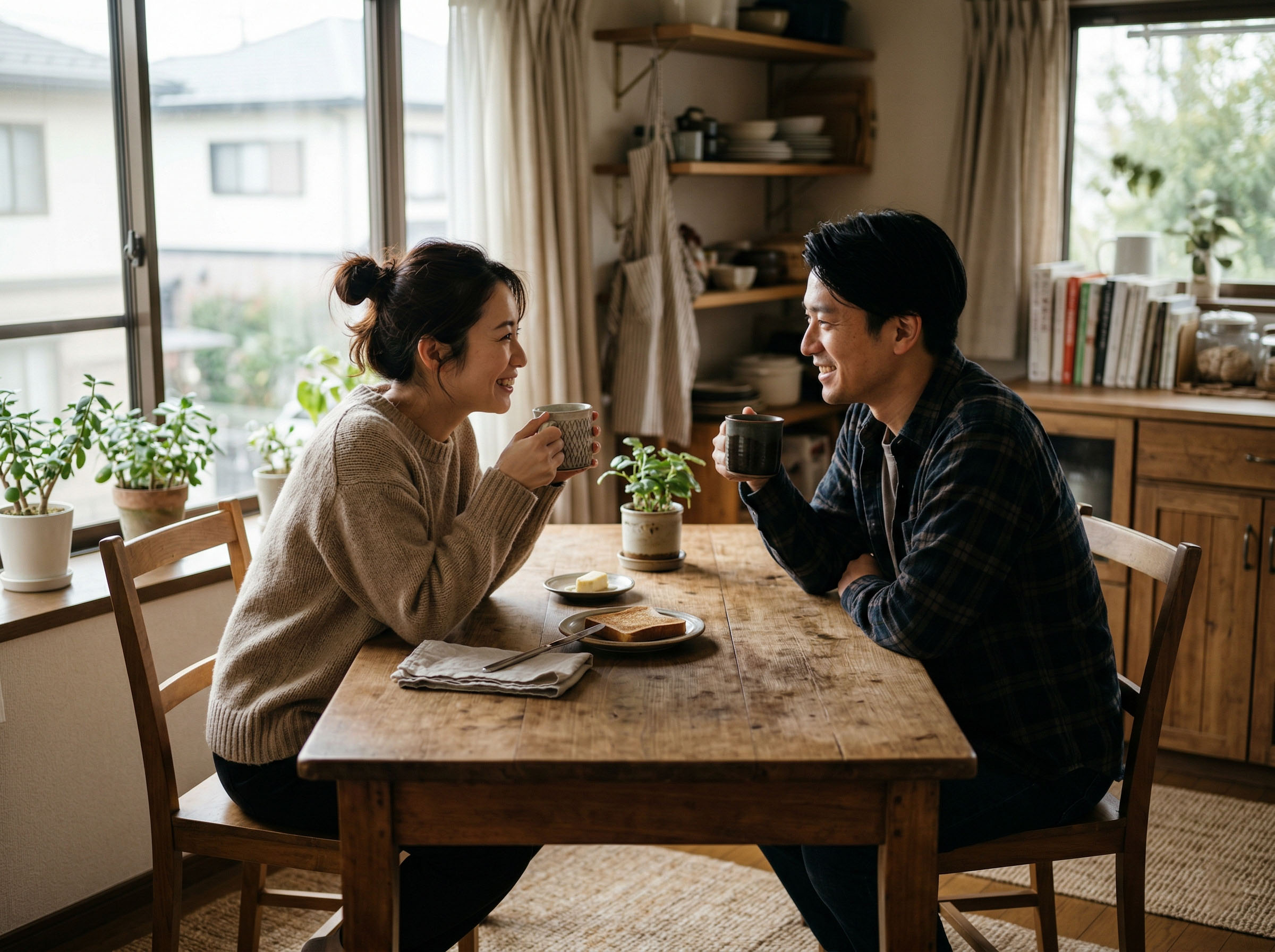 キッチンテーブルでコーヒーを飲みながら、穏やかにオープンな会話をしている男女
